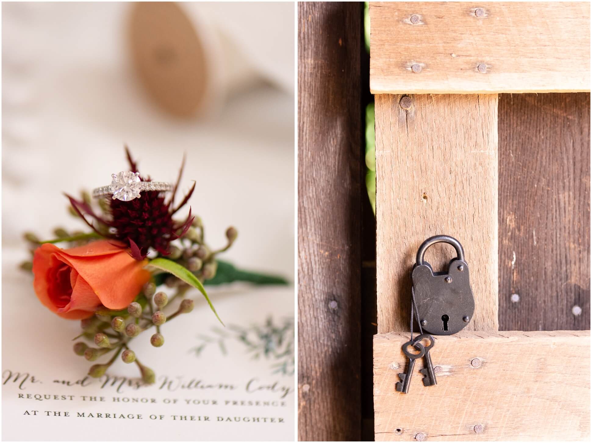 LEFT IMAGE: RING ON TOP OF BOUTONNIERE, RIGHT IMAGE: LOCK ON THE MANTEL