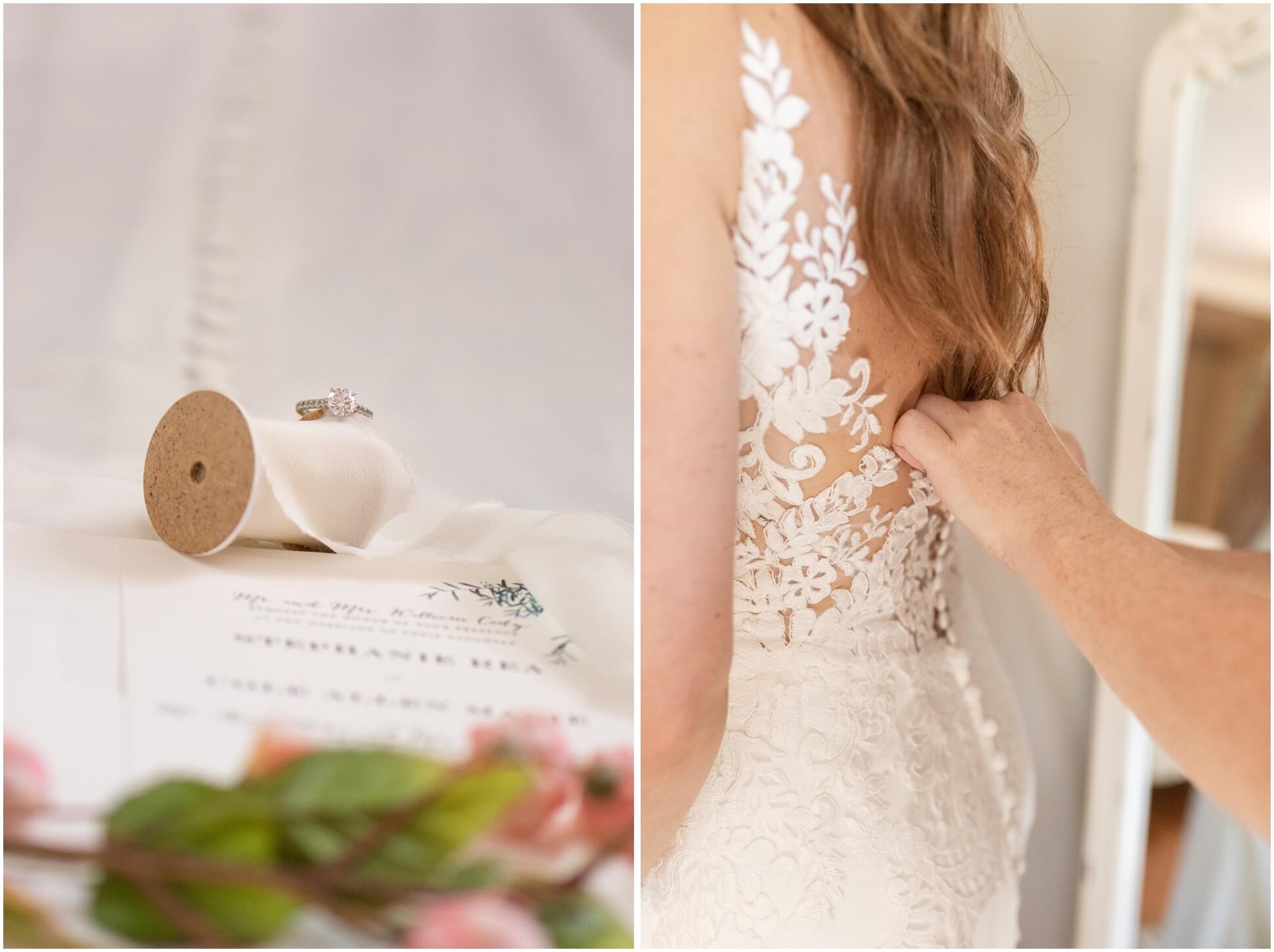 LEFT IMAGE: RING ON RIBBON SPOOL, RIGHT: MOM HELPING BRIDE INTO DRESS