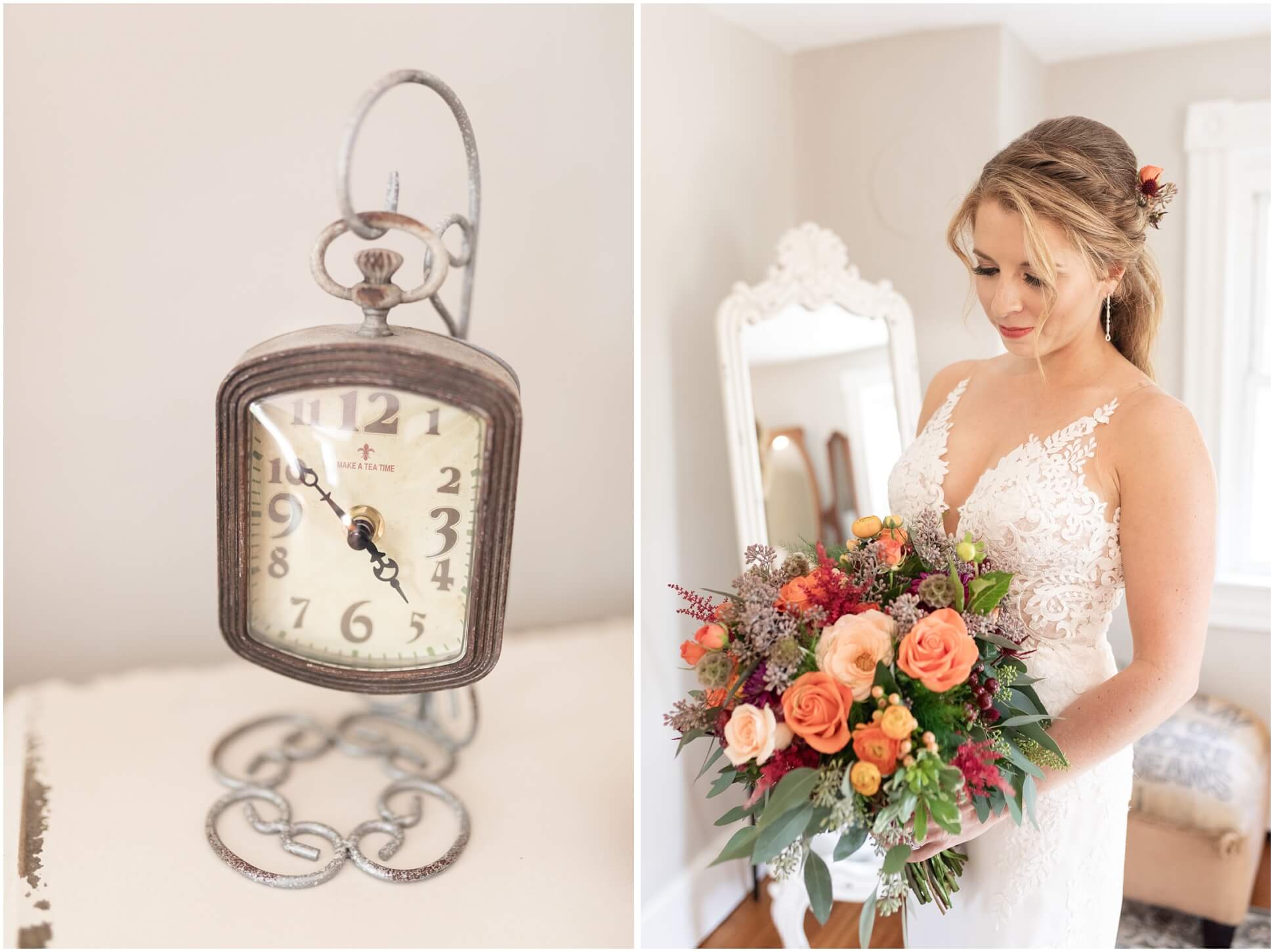 LEFT IMAGE: CLOCK IN BRIDAL SUITE, RIGHT IMAGE: BRIDE AND BOUQUET