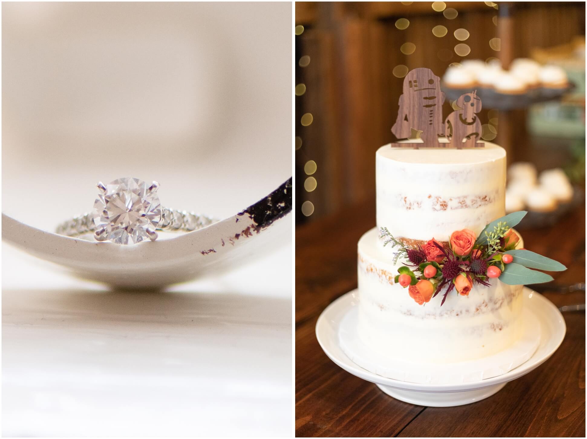 LEFT IMAGE: RING, RIGHT IMAGE: WEDDING CAKE WITH STAR WARS TOPPER