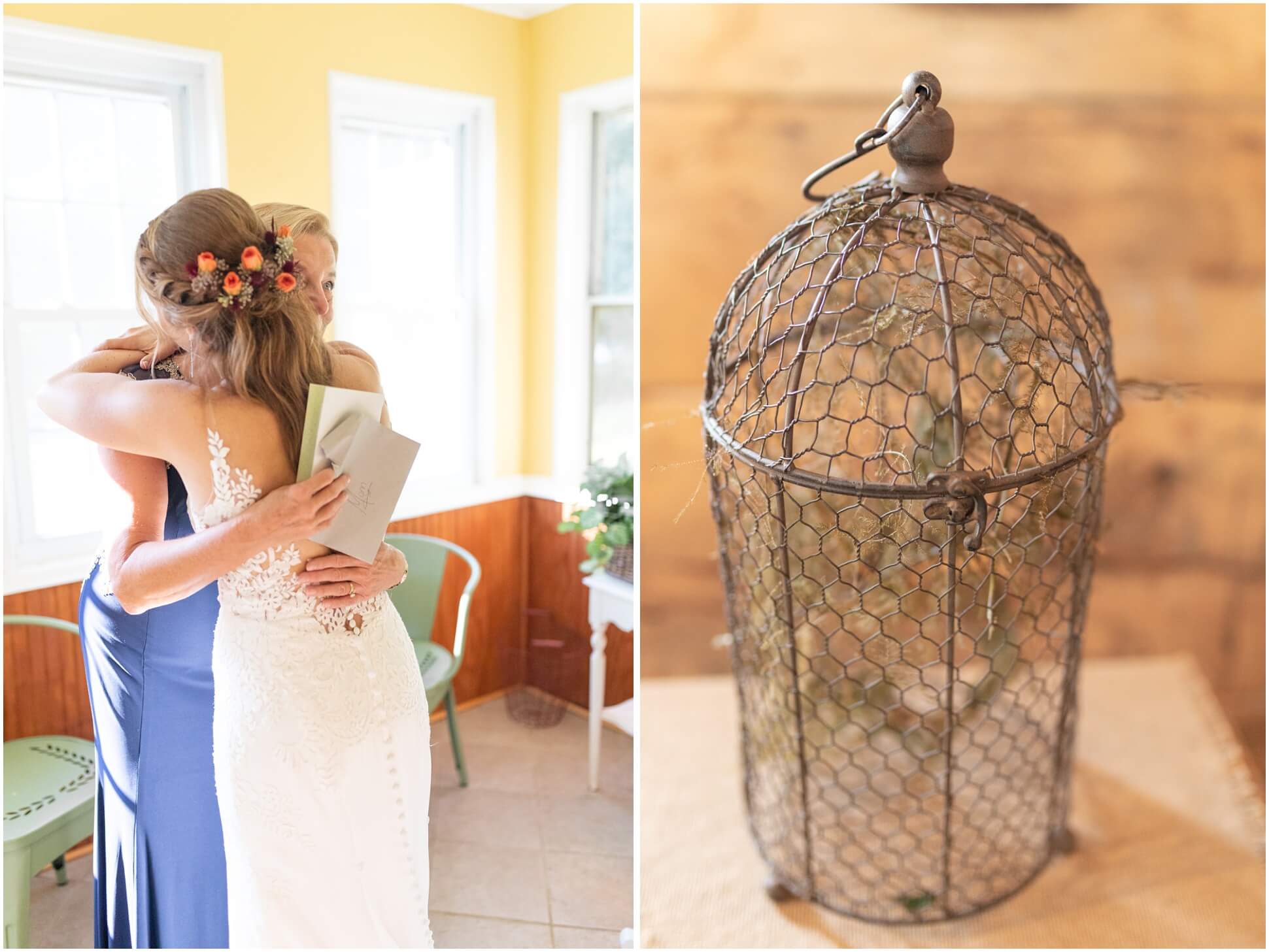 LEFT IMAGE: BRIDE AND MOTHER OF THE BRIDE, RIGHT IMAGE: BIRD CAGE DETAIL