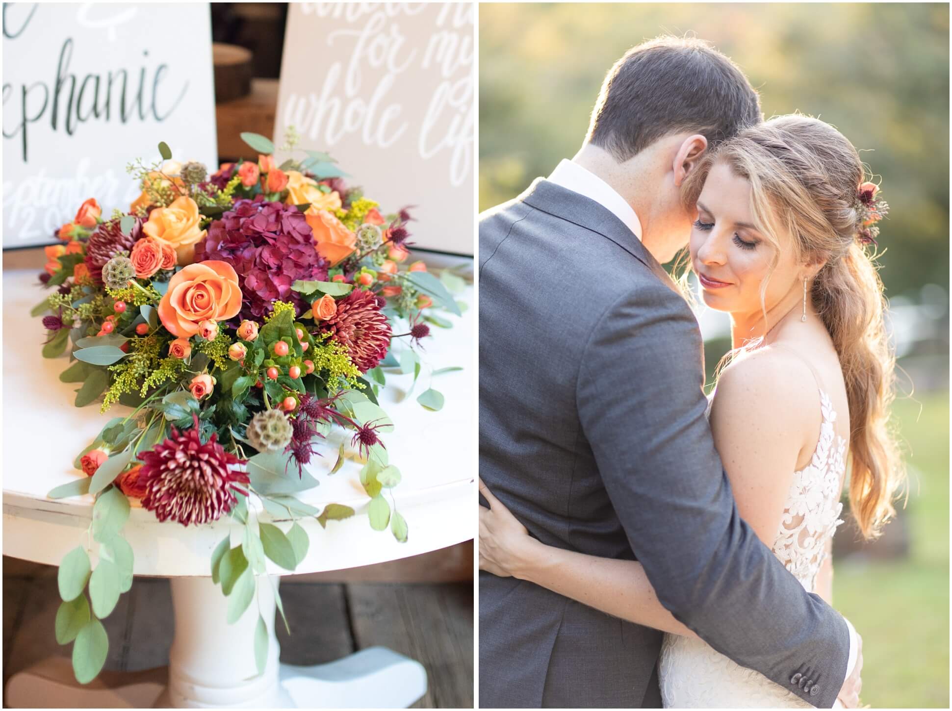 BRIDE AND GROOM PORTRAITS WITH FLOWER BOUQUET