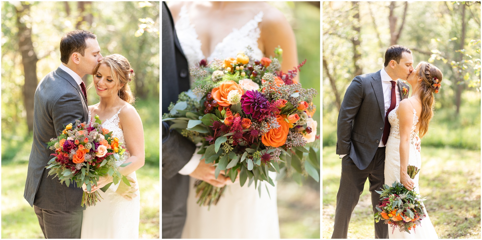 THREE IMAGES OF THE BRIDE AND GROOM AT WINDING CREEK FARM IN VIRGINIA. PHOTOGRAPHED BY MAEWOOD PHOTOGRAPHY