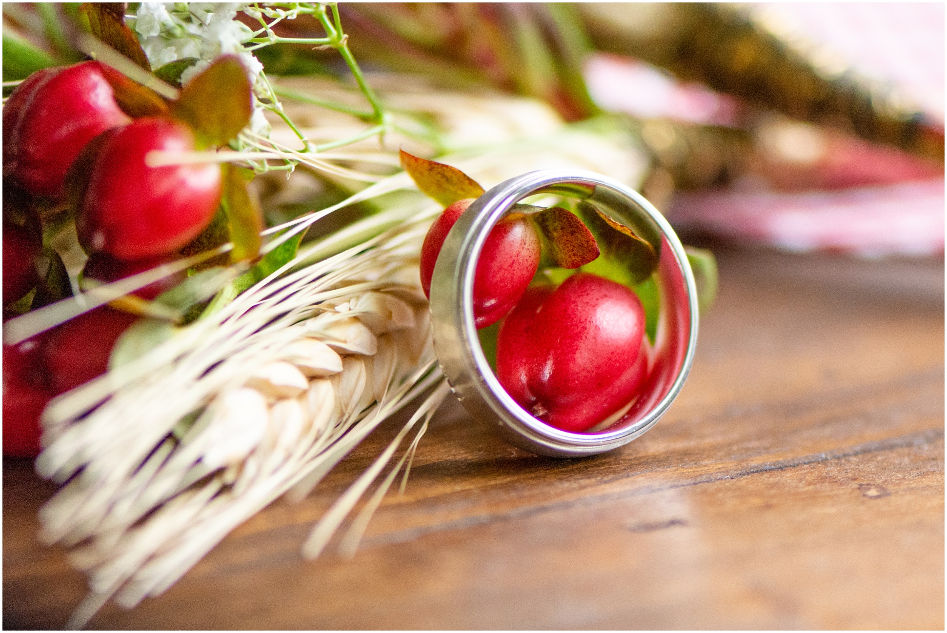 Groom's Ring Shot with Wheat Grass, Burgundy and Cranberries 
