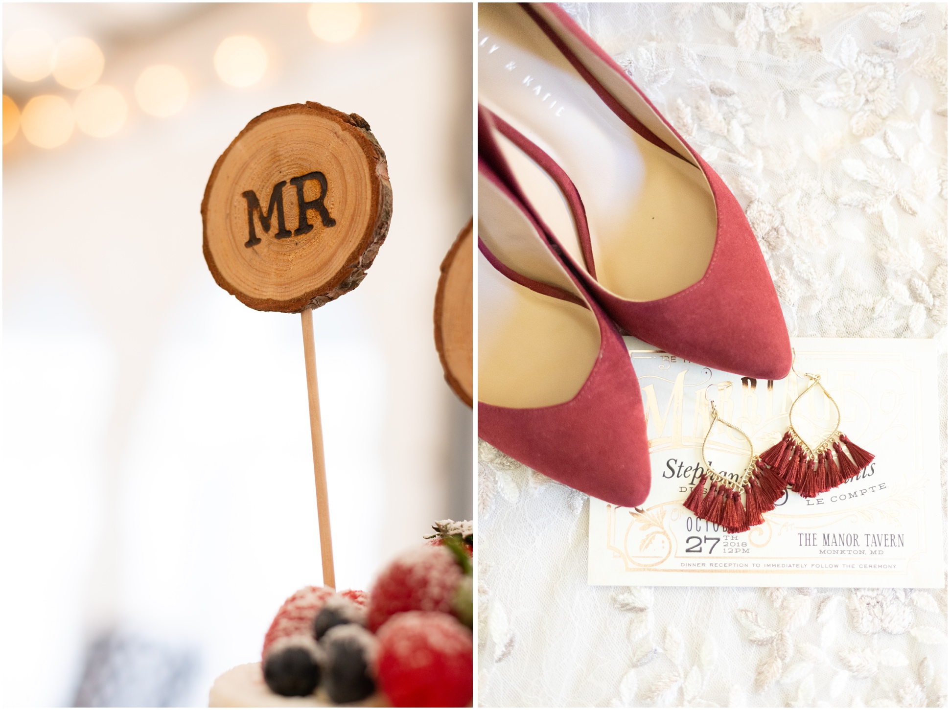 Left: Cake Topper, Right: Bride's Burgundy shoes, earrings, and invitation