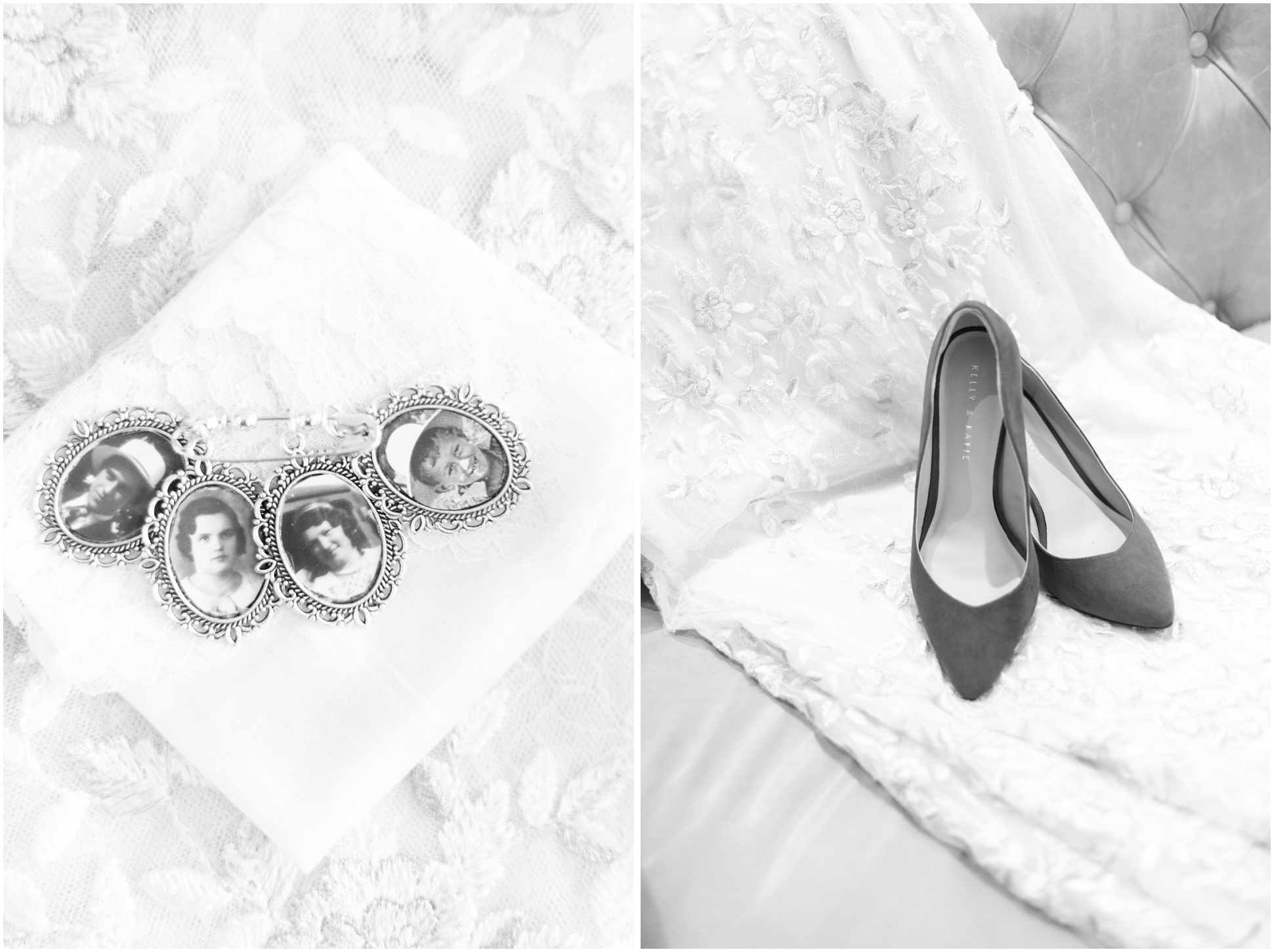 Black and White details of the brides dress and shoes, and the family members unable to be at the wedding