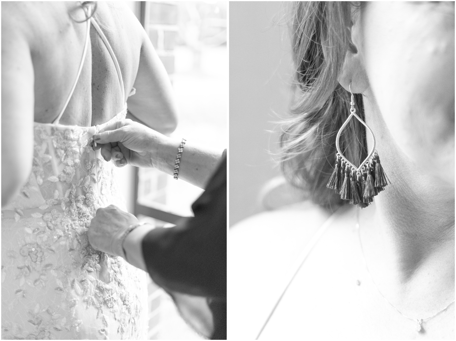 Left: B&W image of mom helping bride into dress, right: close up of bride's earrings