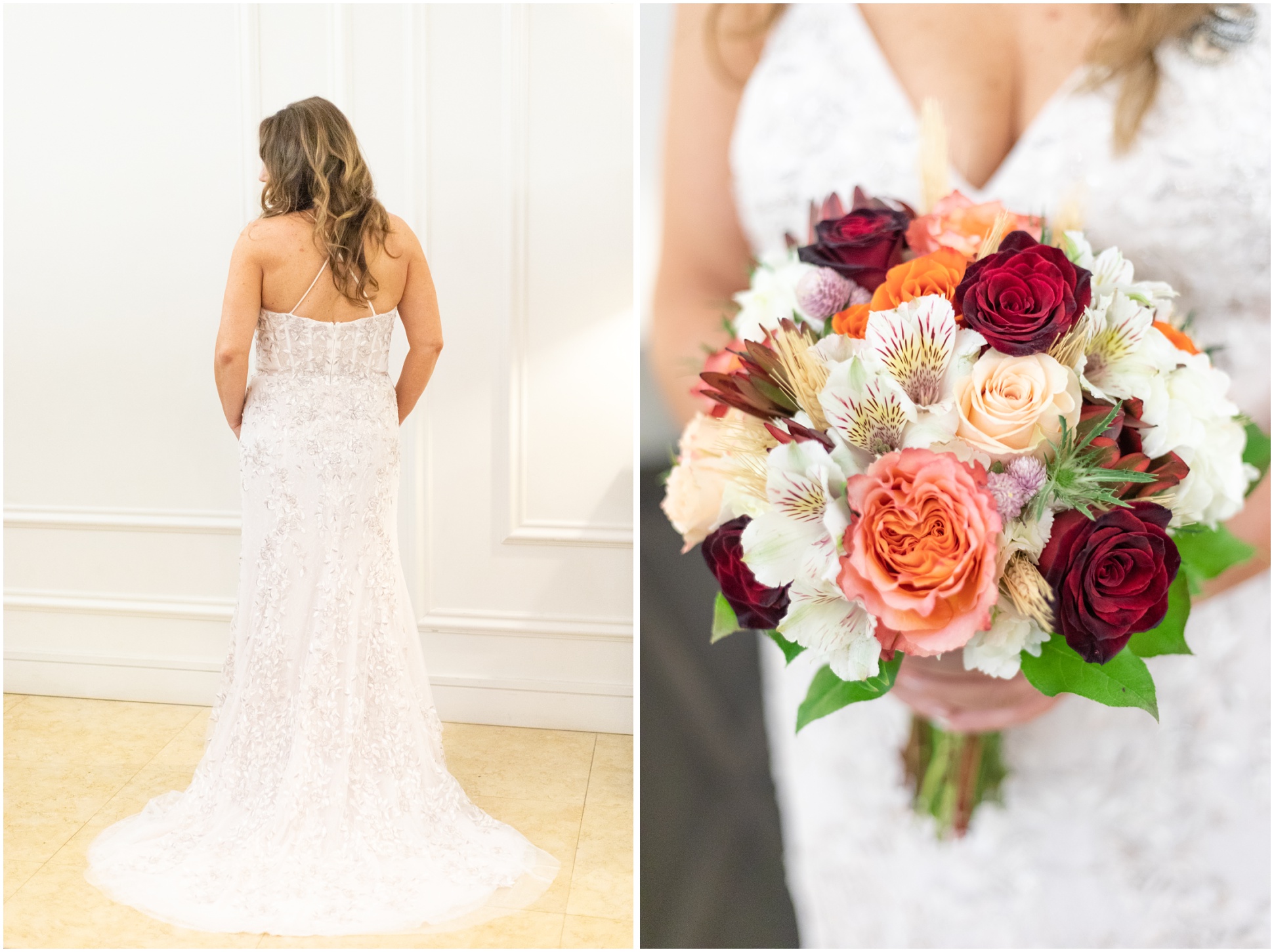 Left: Bride at Delta Hotel, right: beautiful bouquet with red and peach roses