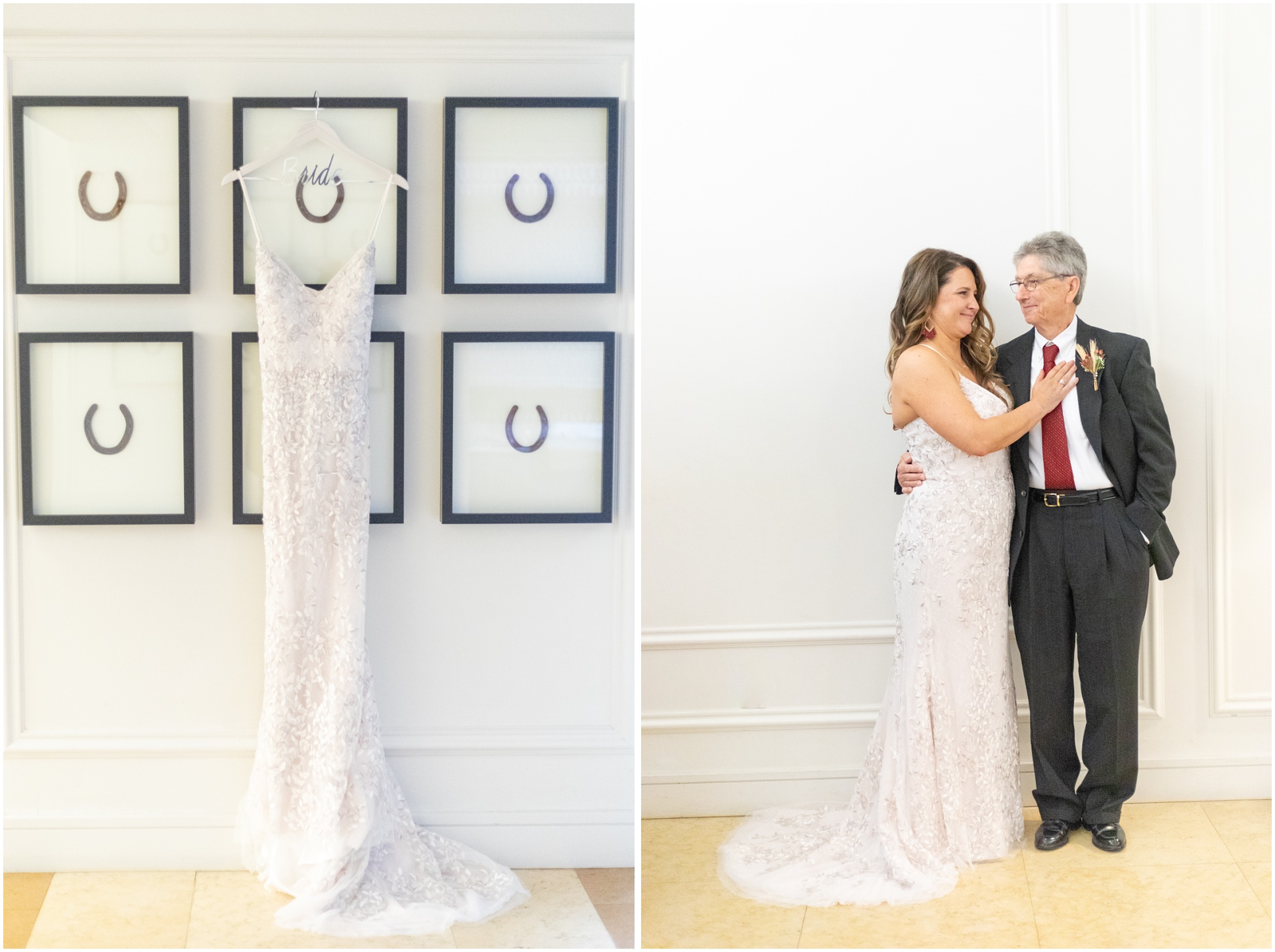 Left: Wedding Gown hanging at Delta Hotel, Right: Bride and Father portrait at Delta Hotel