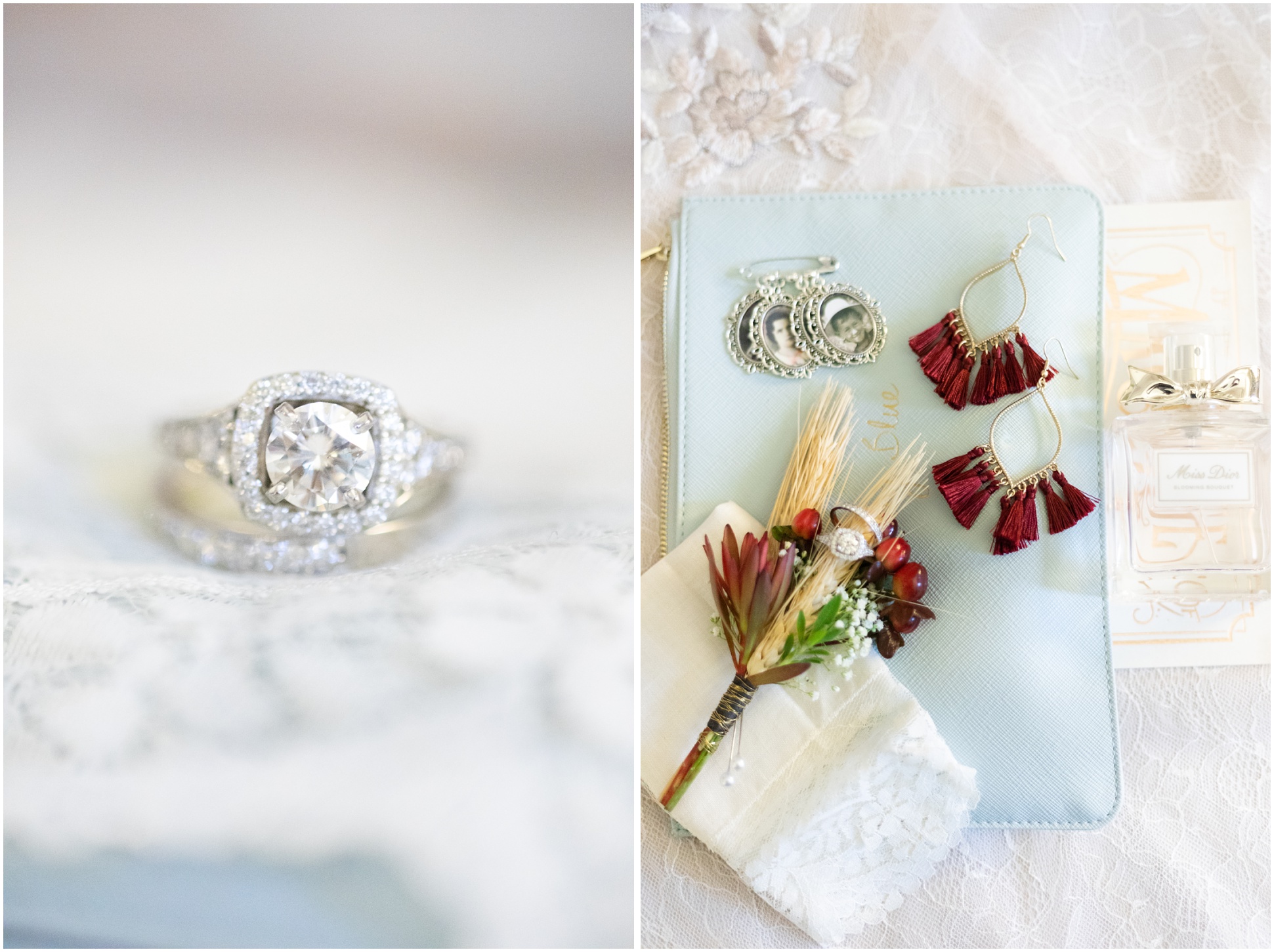 Wedding Ring, Something Blue, Boutonniere with cranberries, wheat grass, and baby's breath 