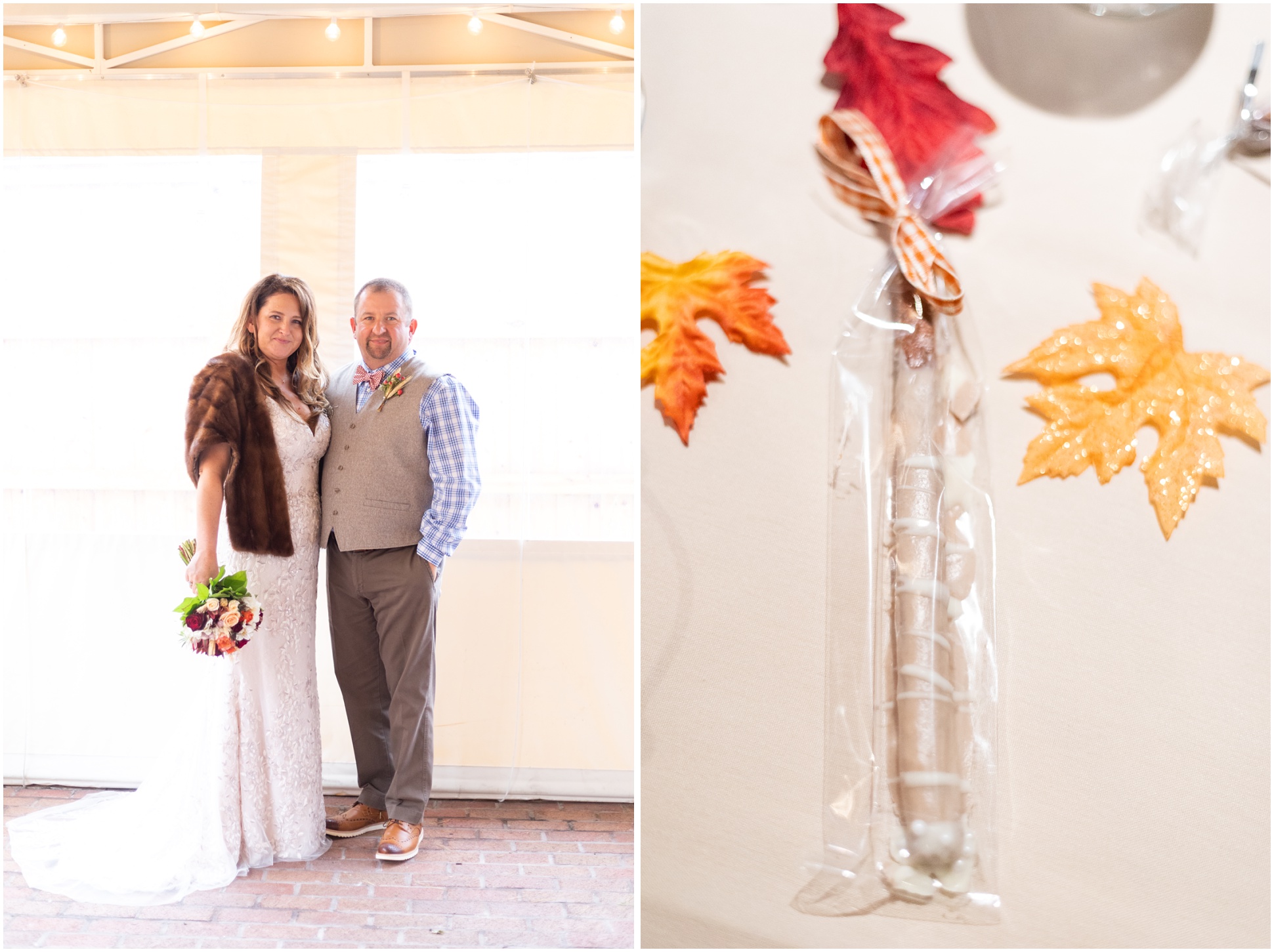 Left: bride and groom portrait inside tent, right: chocolate covered pretzel with fall leaves