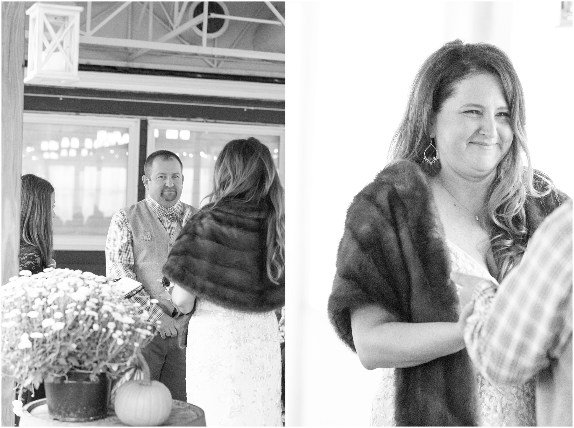 Two black and white images of bride and groom at alter of manor tavern, under the tent