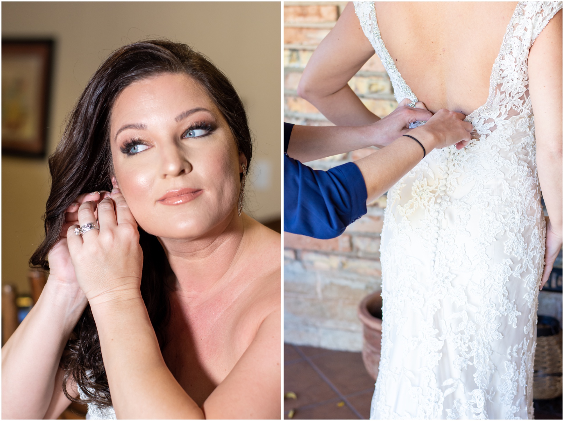 Left Photo: Bride putting on earrings, right photo best friend helping bride into dress