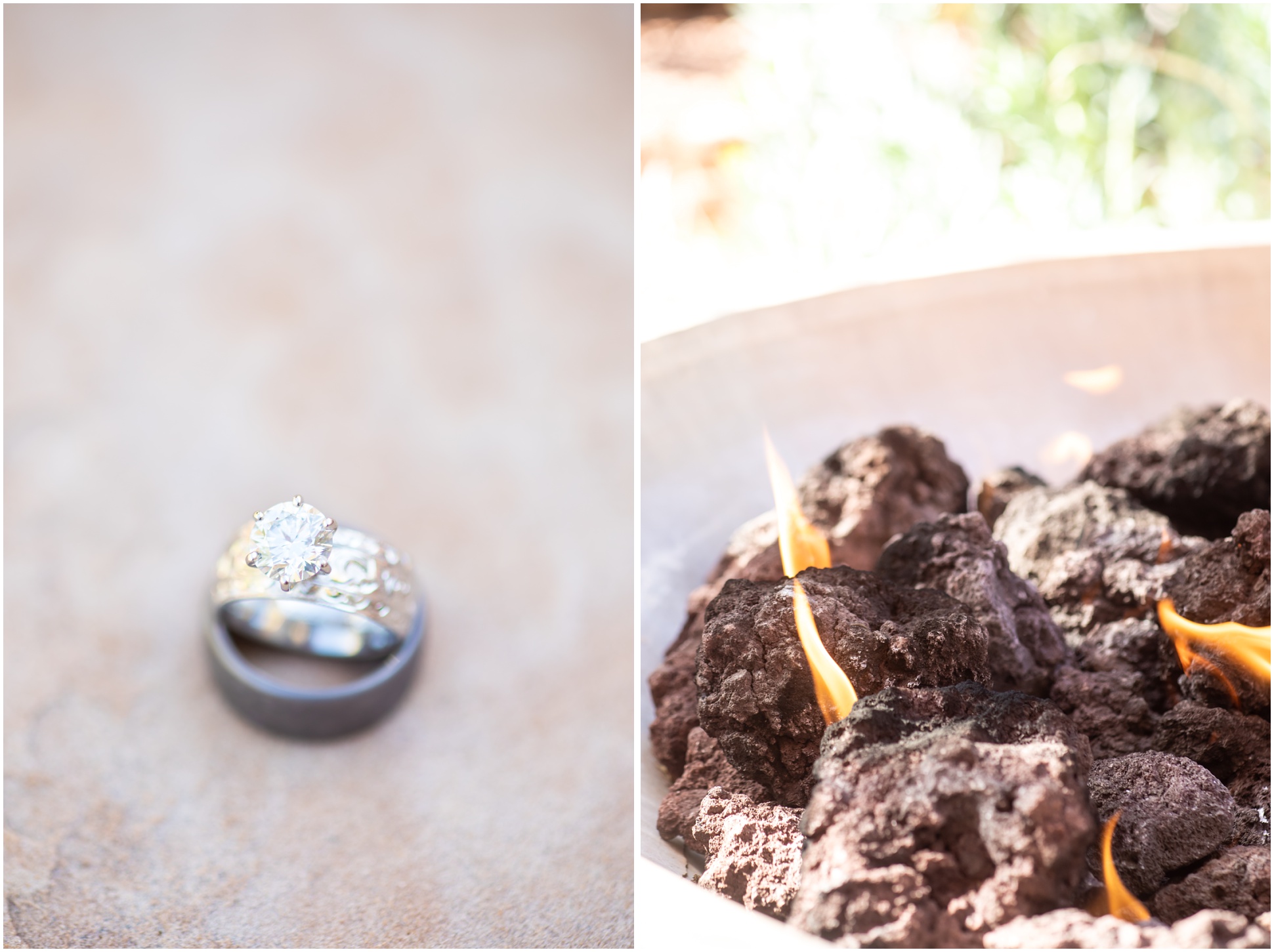 Left image: Circular 1 carat diamond engagement ring standing inside groom's gray ring, right photo: fire pit