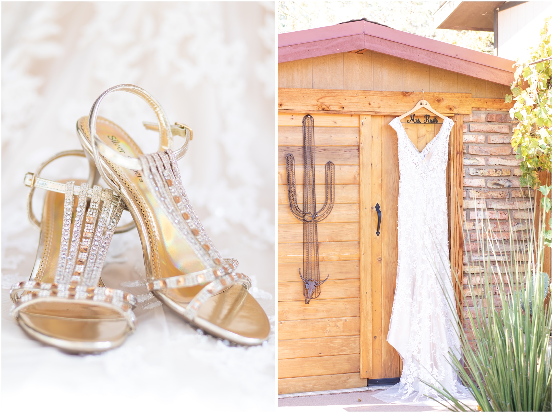 Left Image: Bride's golden heels, right image: dress hanging on a bath house with metal cactus to the left