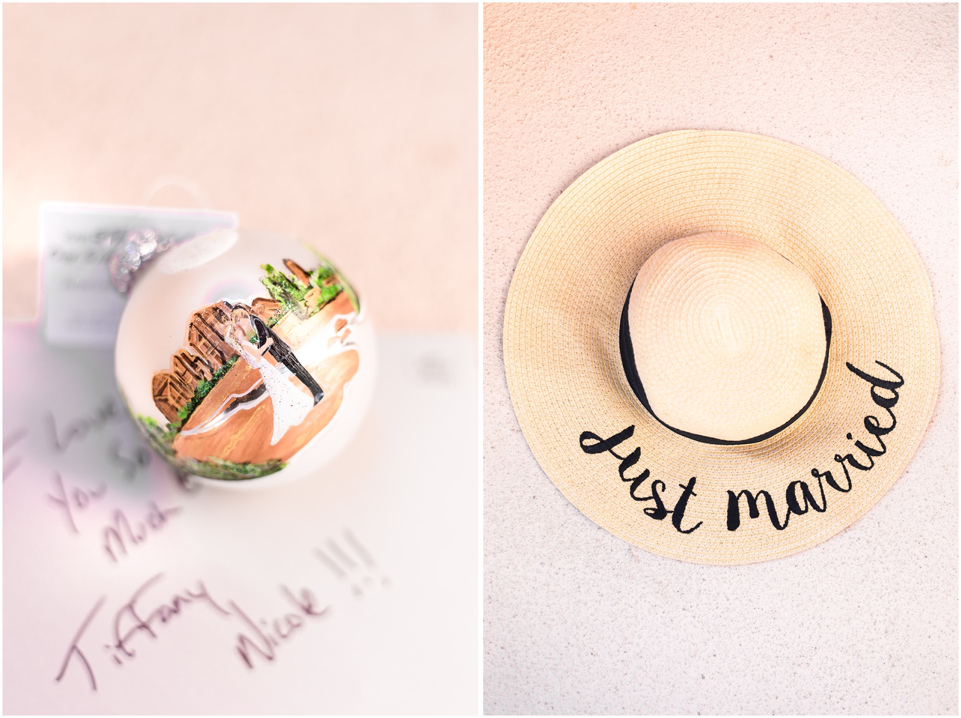 Left Image: Christmas bulb of bride and groom kising in front of red rocks, right image, Just Married Sun Hat