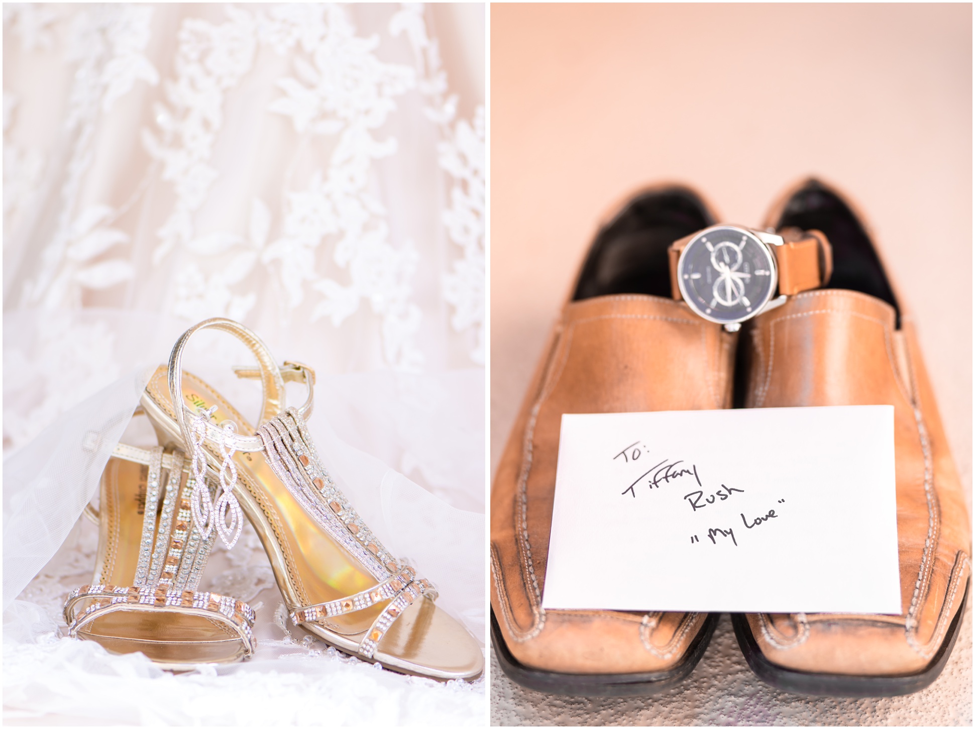 Left Image: Bride's Golden Sparkly Heels, Right Image: Grooms Shoes and Note to his Bride
