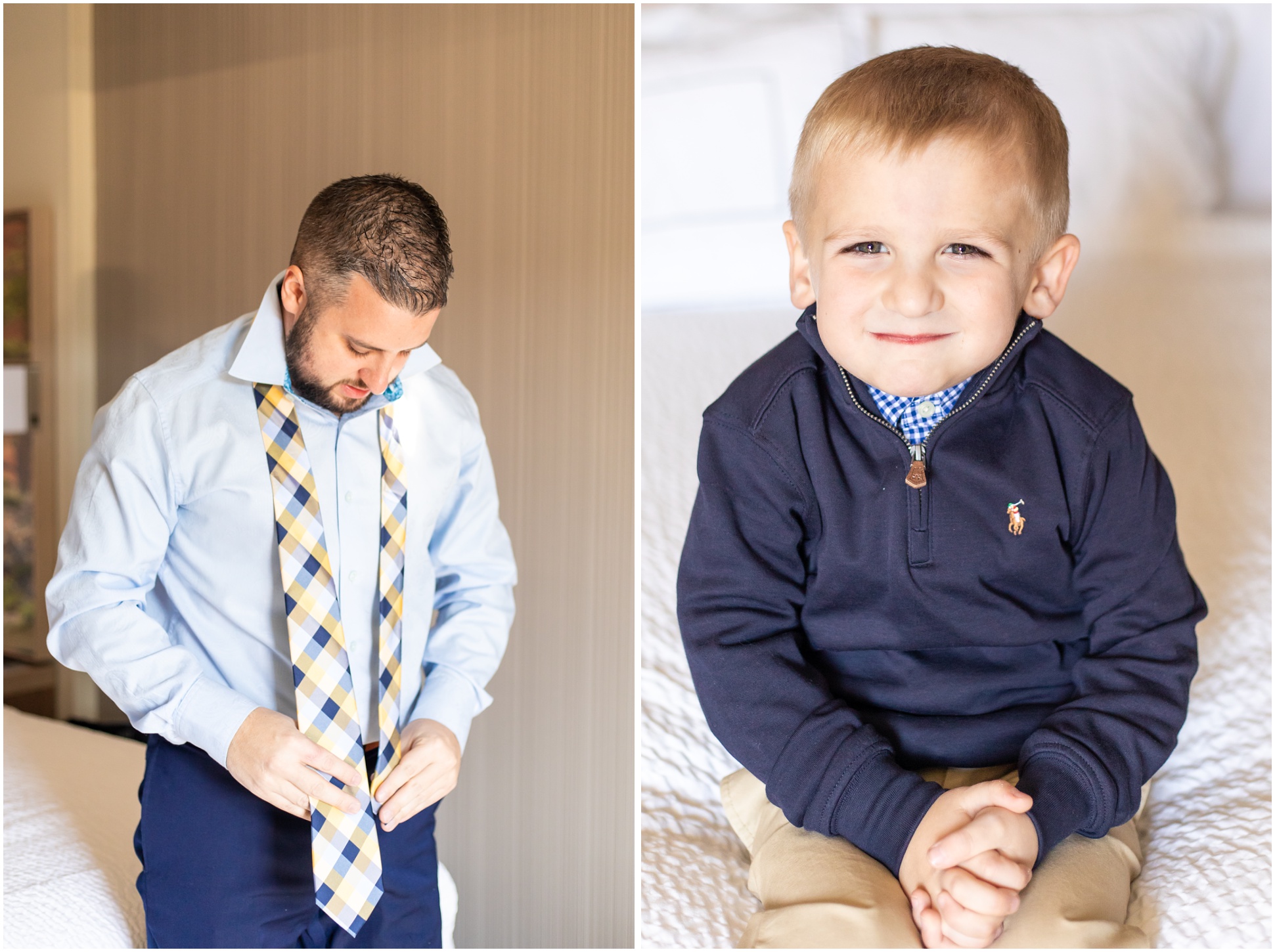 Left Image: Groom putting on tie, Right Image: Son waiting patiently
