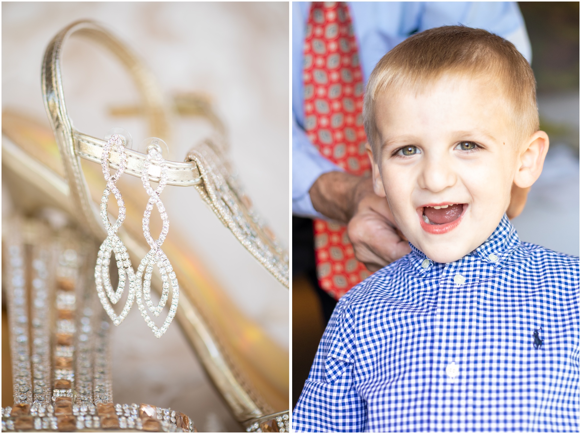 Left Image: Bride's sparkling teardrop earrings hanging from her shoes, Right Image: Groom's son getting ready with his grandfather