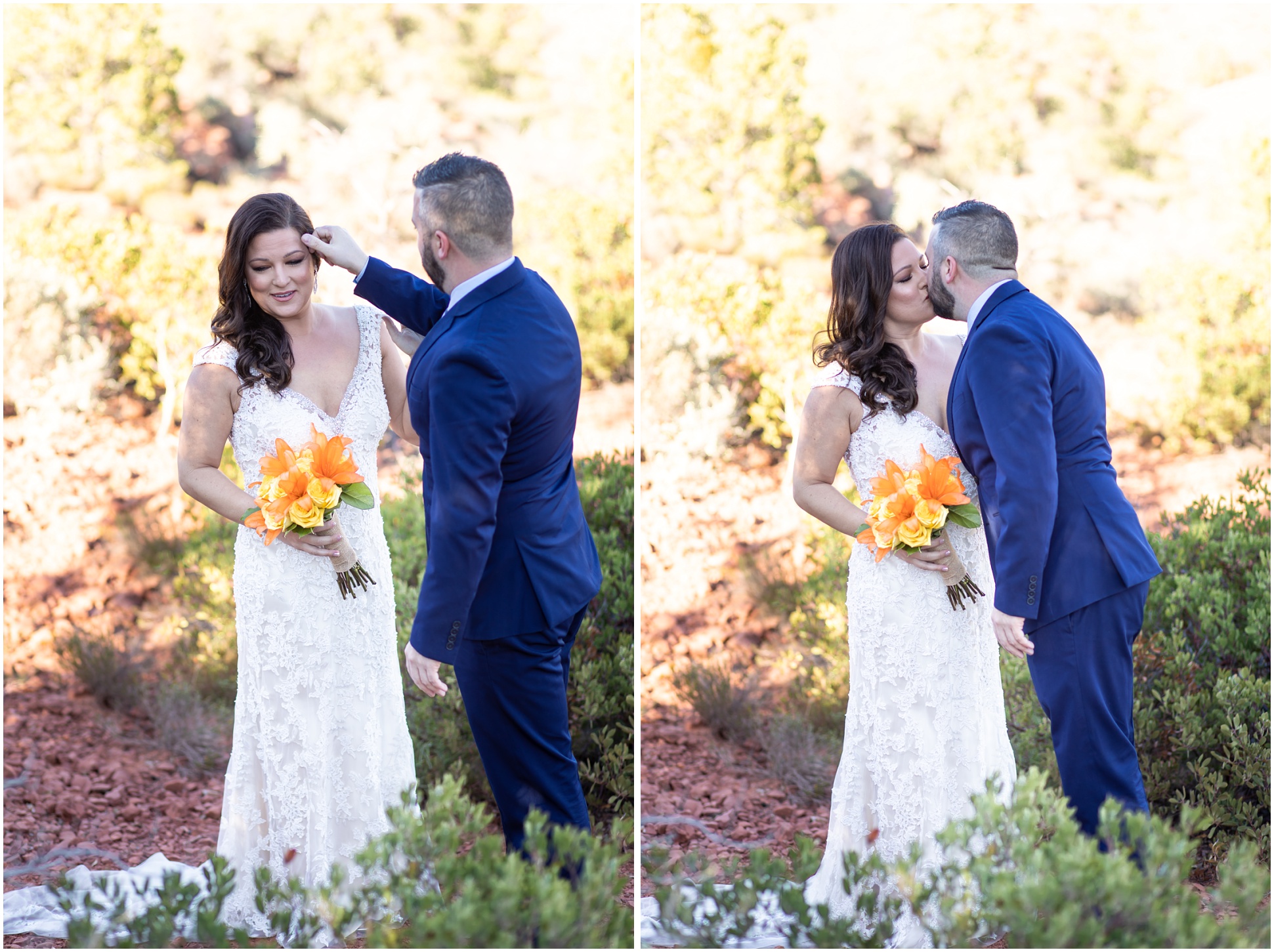 Bride and Groom Portrait for Tiffany and Anthony in Sedona. Bride wearing long white lace wedding gown, groom wearing blue suit with yellow and blue plaid tie.