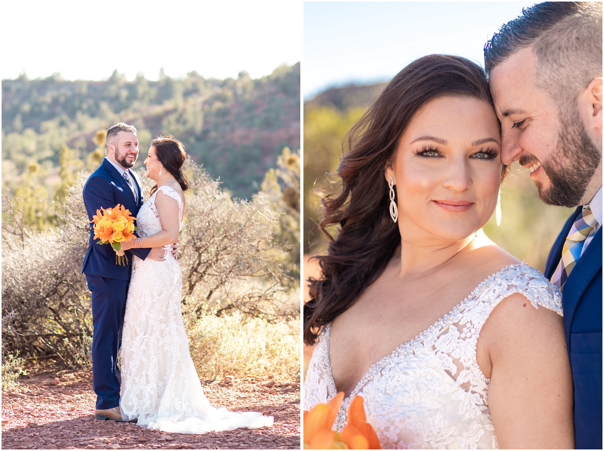 Bride and Groom Portrait for Tiffany and Anthony in Sedona. Bride wearing long white lace wedding gown, groom wearing blue suit with yellow and blue plaid tie.