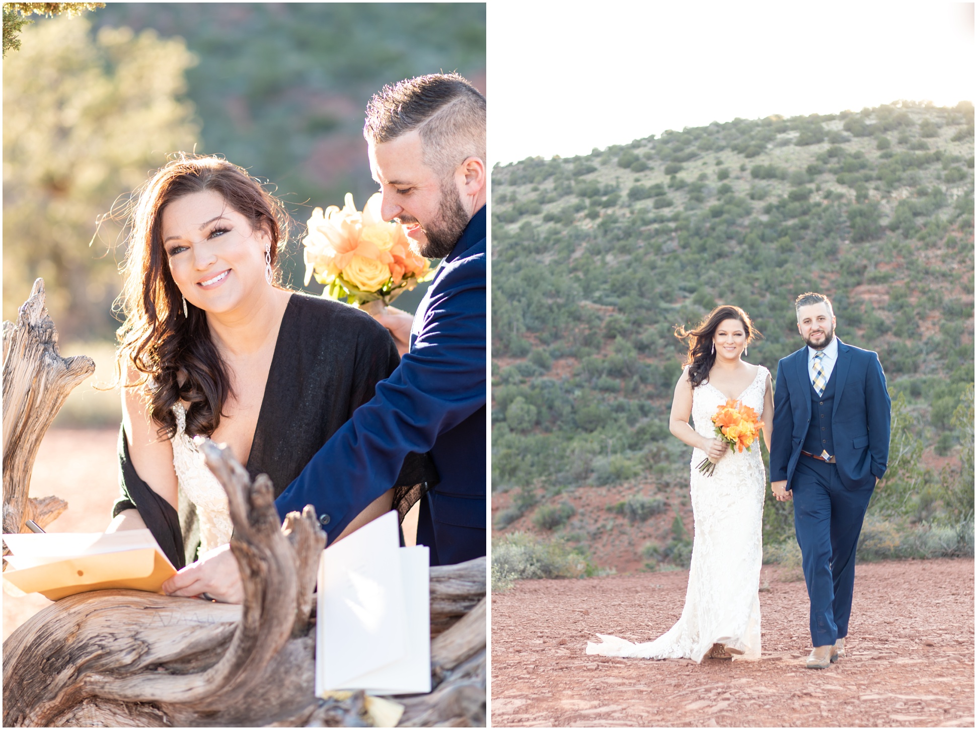 Bride and Groom Portrait for Tiffany and Anthony in Sedona. Bride wearing long white lace wedding gown, groom wearing blue suit with yellow and blue plaid tie.