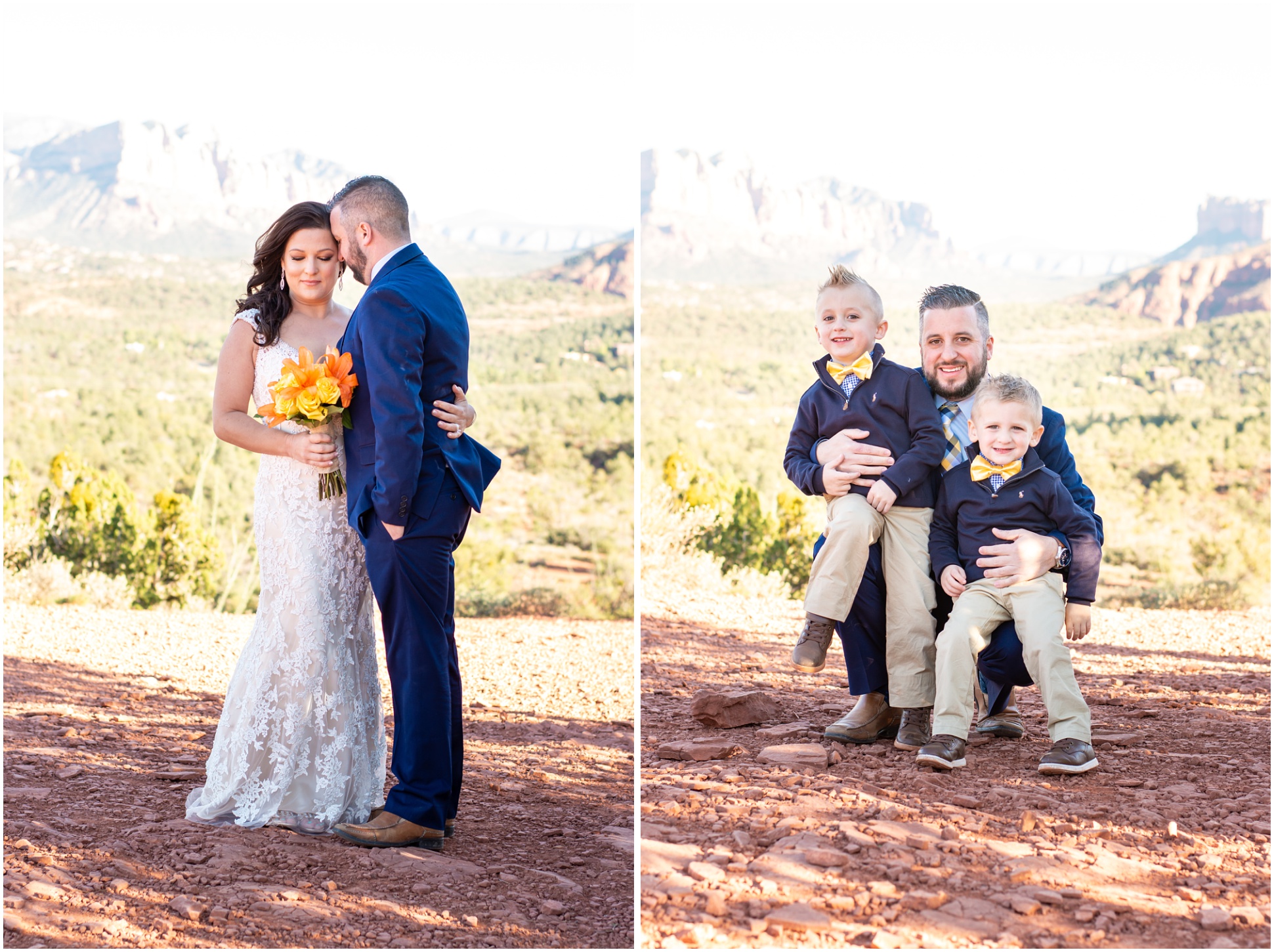 Bride and Groom Portrait for Tiffany and Anthony in Sedona. Bride wearing long white lace wedding gown, groom wearing blue suit with yellow and blue plaid tie.