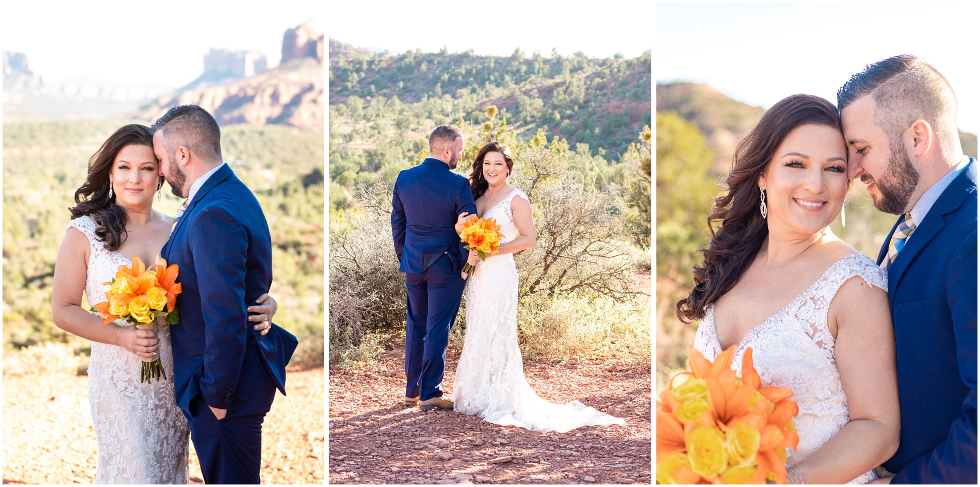 Three Images of Bride and Groom Portraits at Sedona Red Rocks