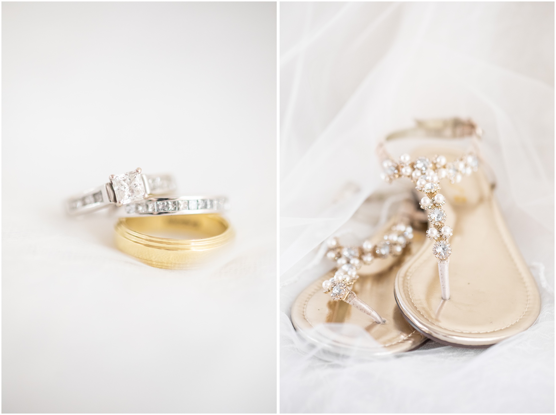 Left Image: Wedding Rings, Right Image: Gold Wedding Sandals with Pearls