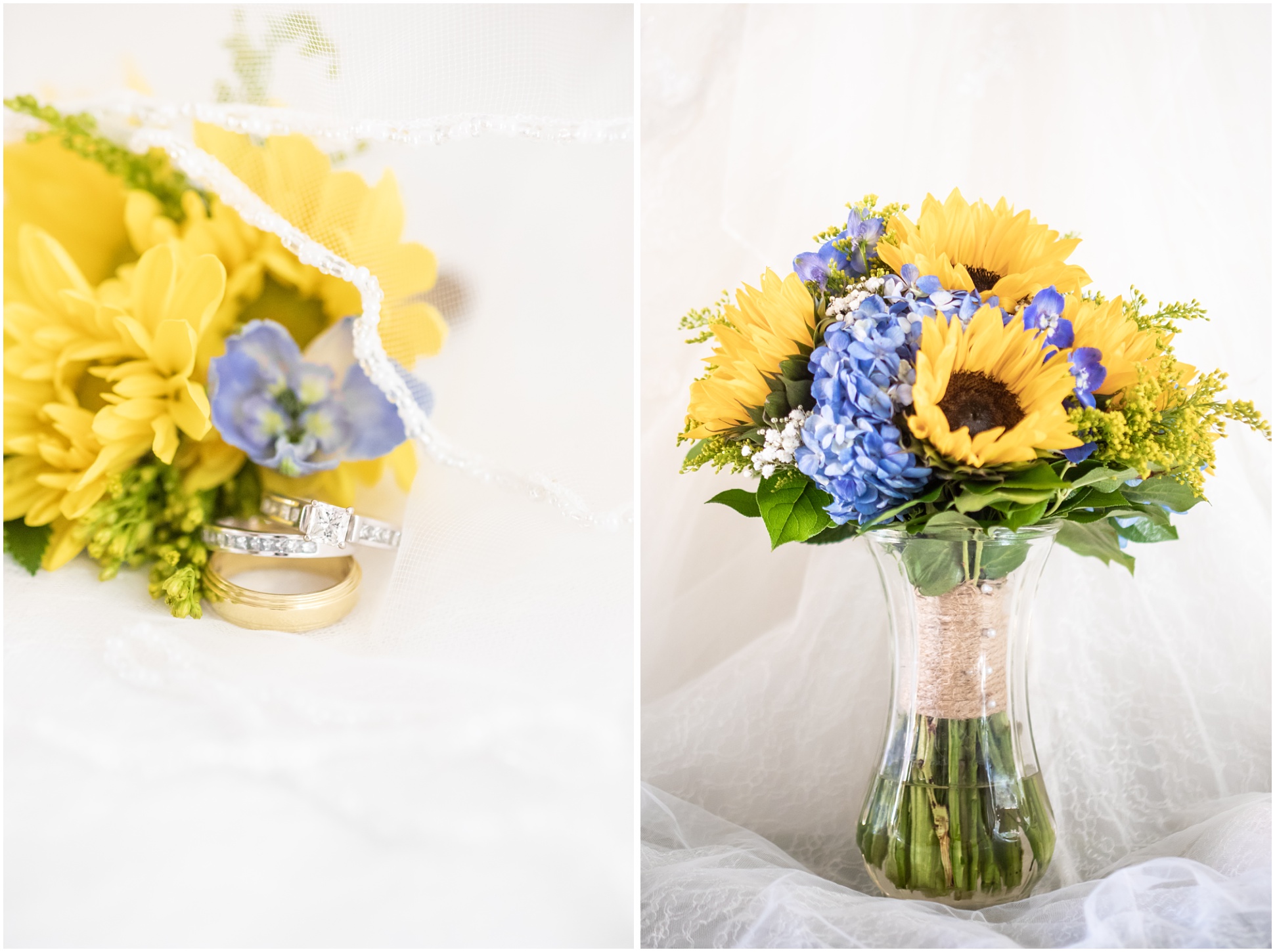 Left: Wedding Rings with sunflowers and veil, Right Image: Bridal bouquet