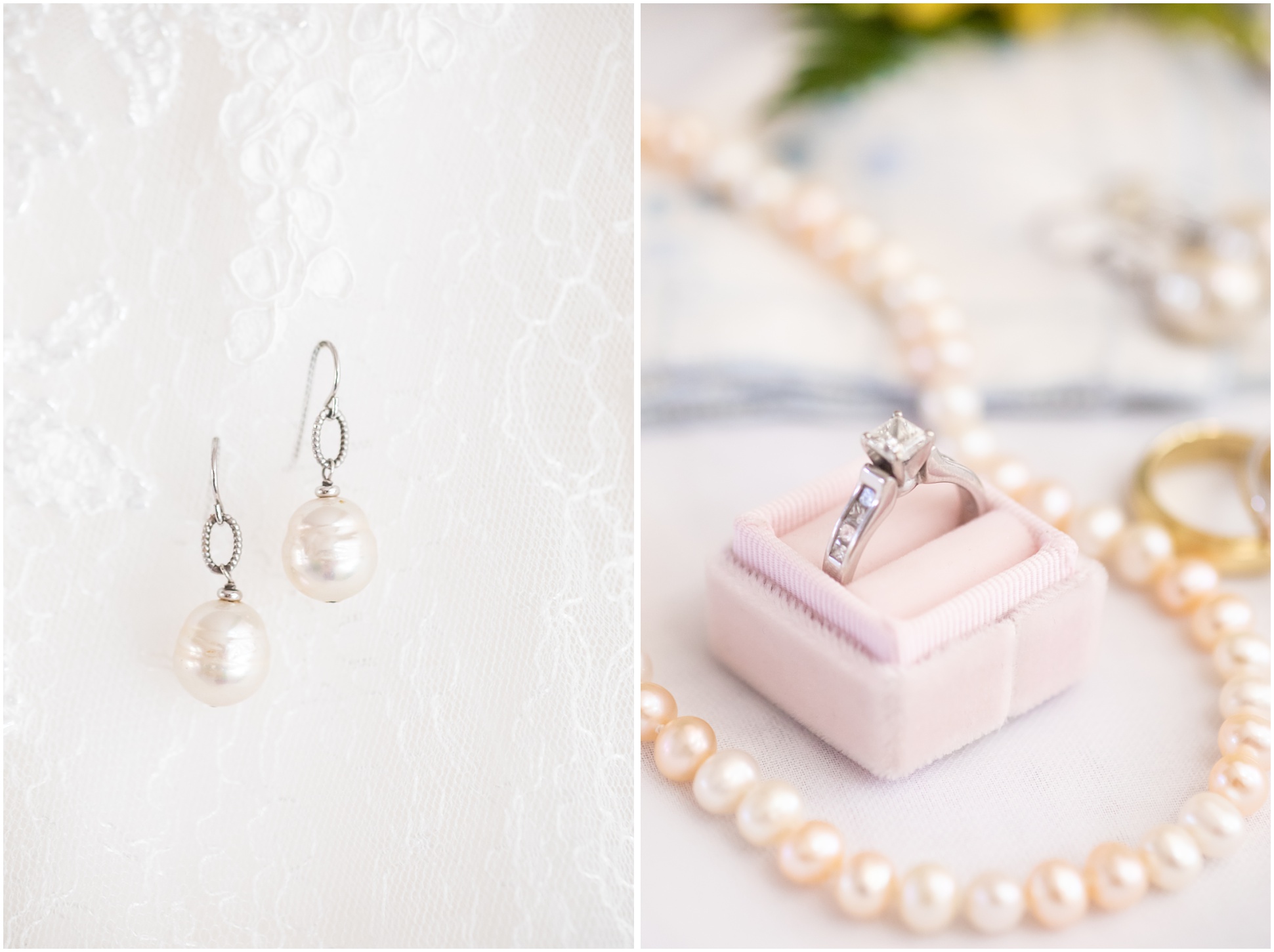 Left Image: Pearl earrings hanging from dress, Right Image: Engagement ring in pink velvet box, with pearls