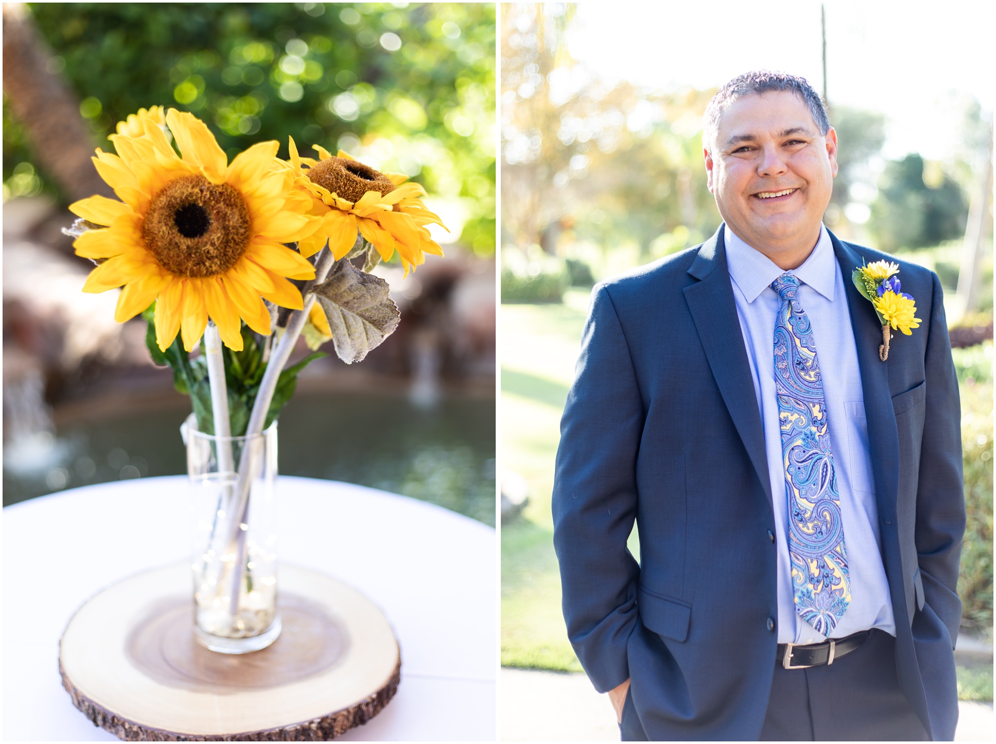 Left Image; Sunflowers in vase, Right Image: Groom in blue suite and paisley tie