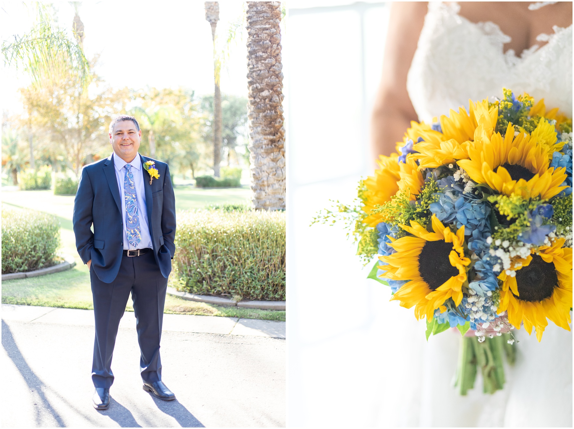 Left Image: Groom in blue suit and paisley tie, right image: bride hold bouquet of sunflowers, baby's breath, and hydrangeas