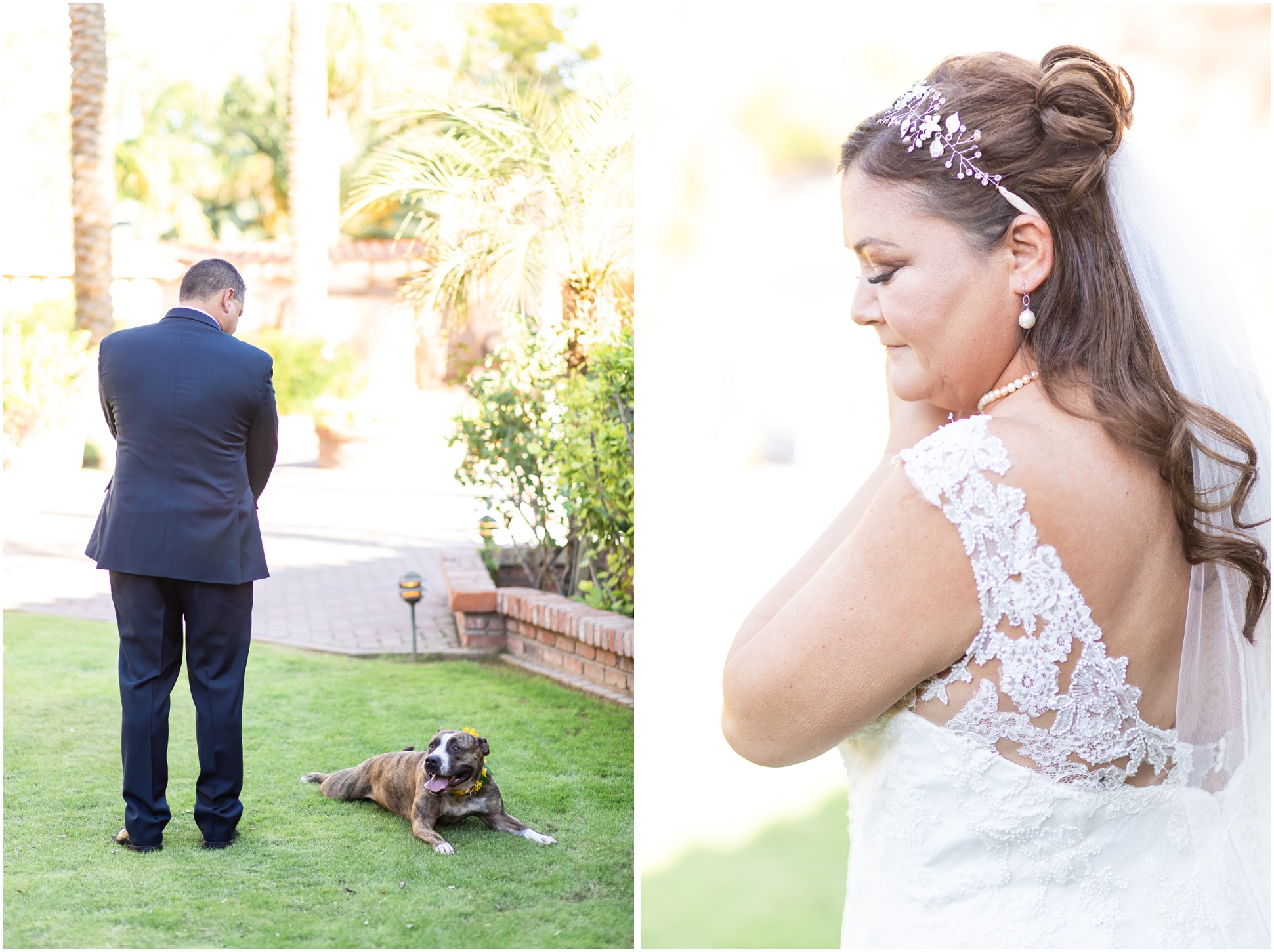 Left Image: Groom waiting for bride with his dog, Right Image: Bride putting on earrings