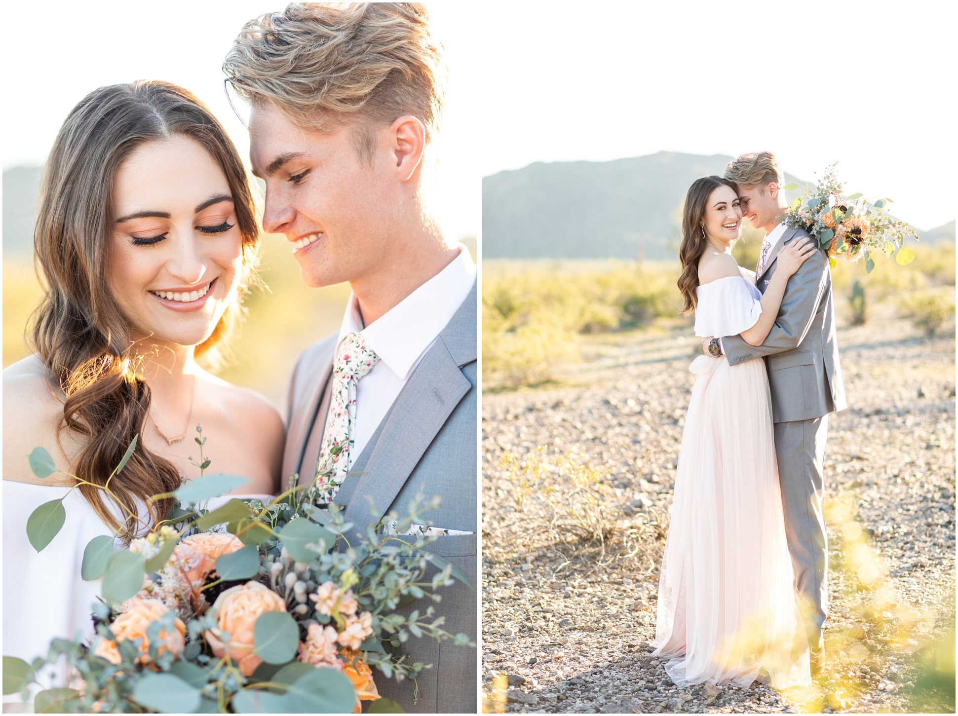 Two Images of Bride and Groom Posing for Engagement Session at Estrella Mountain