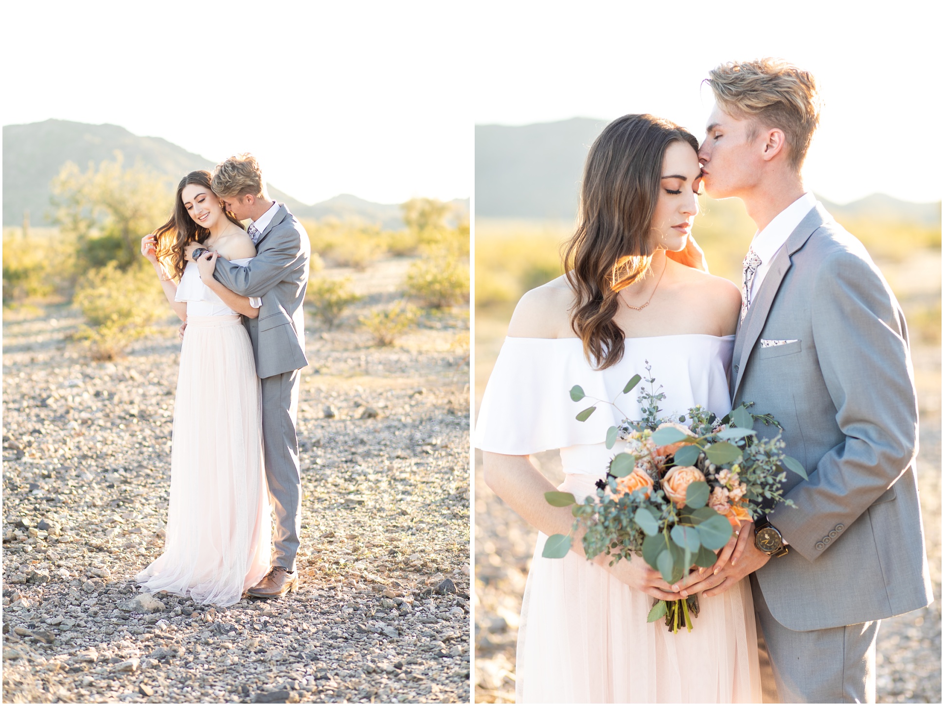 Two Images of Bride and Groom Posing for Engagement Session at Estrella Mountain