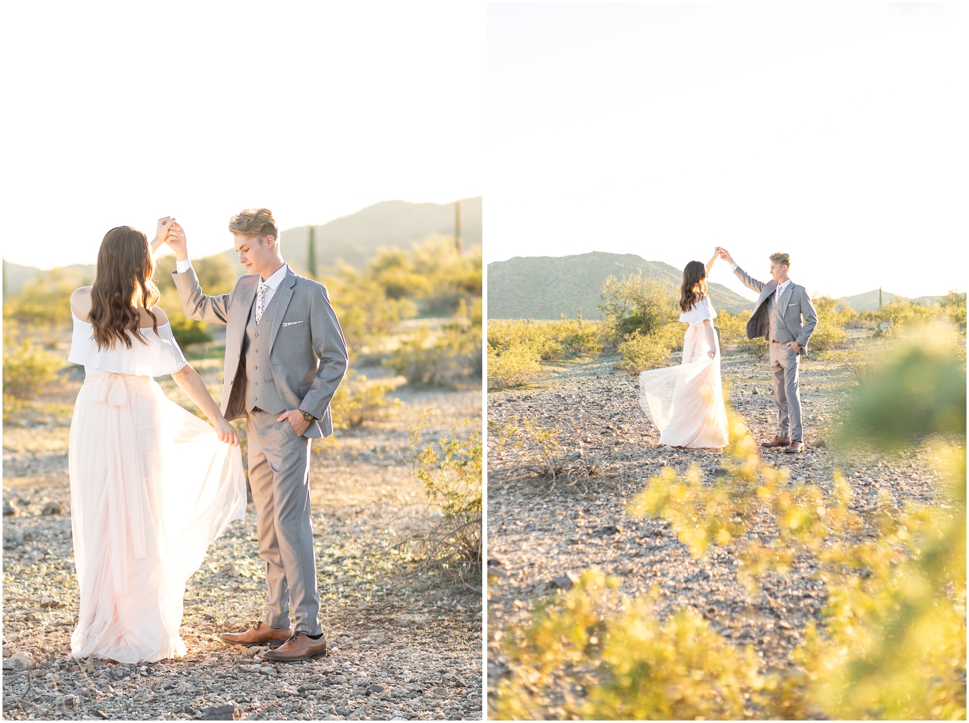 Two image of the bride and groom dancing at Estrella Mountain Engagement Session
