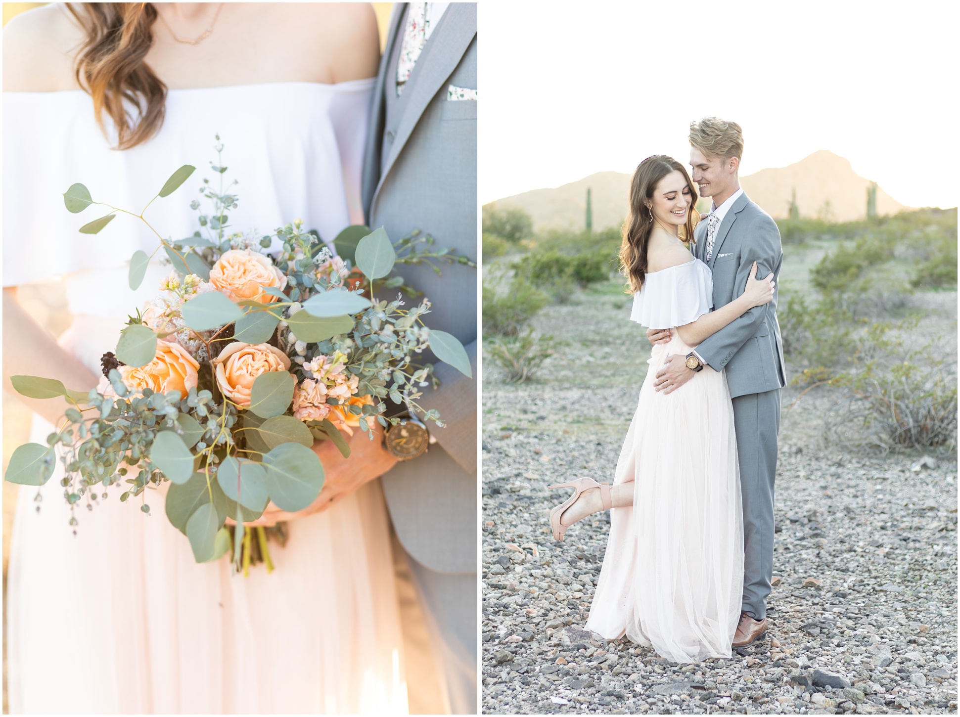 Left Image: Bouquet, Right Image: Bride and Groom chest to chest