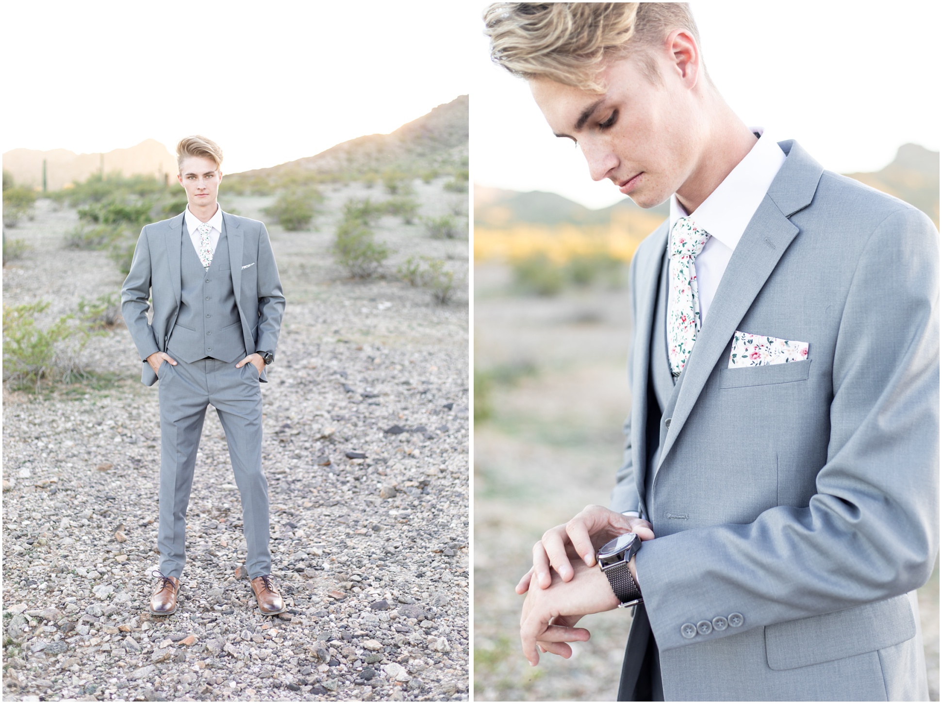 Groom in grey suite from Nick's Menswear