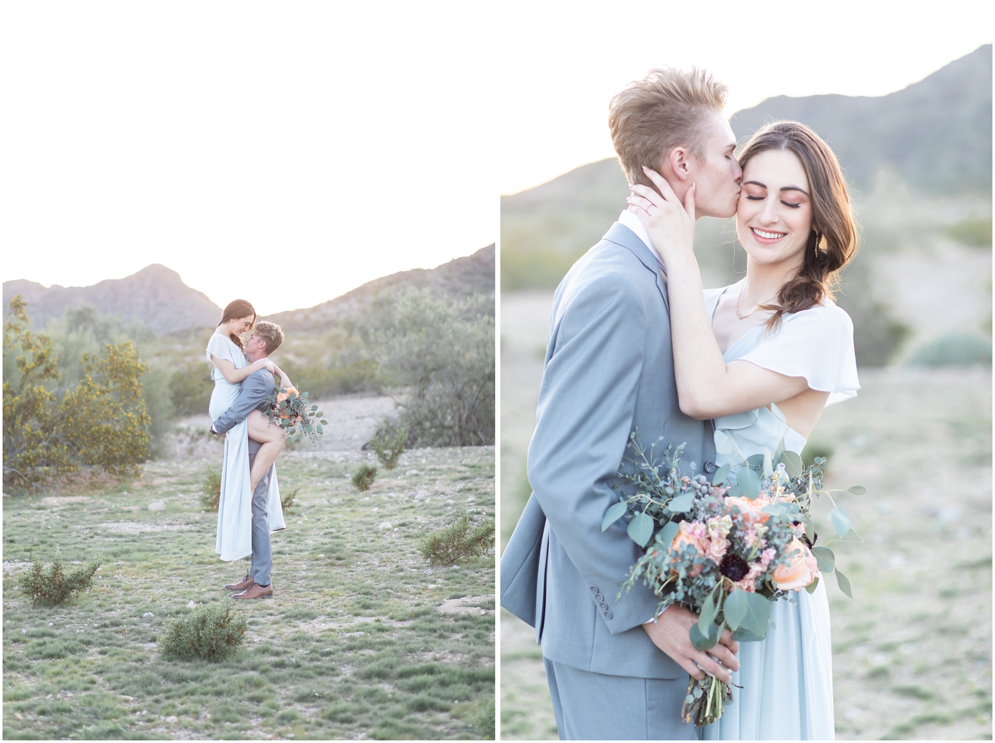 Two Images of Bride and Groom Posing for Engagement Session at Estrella Mountain