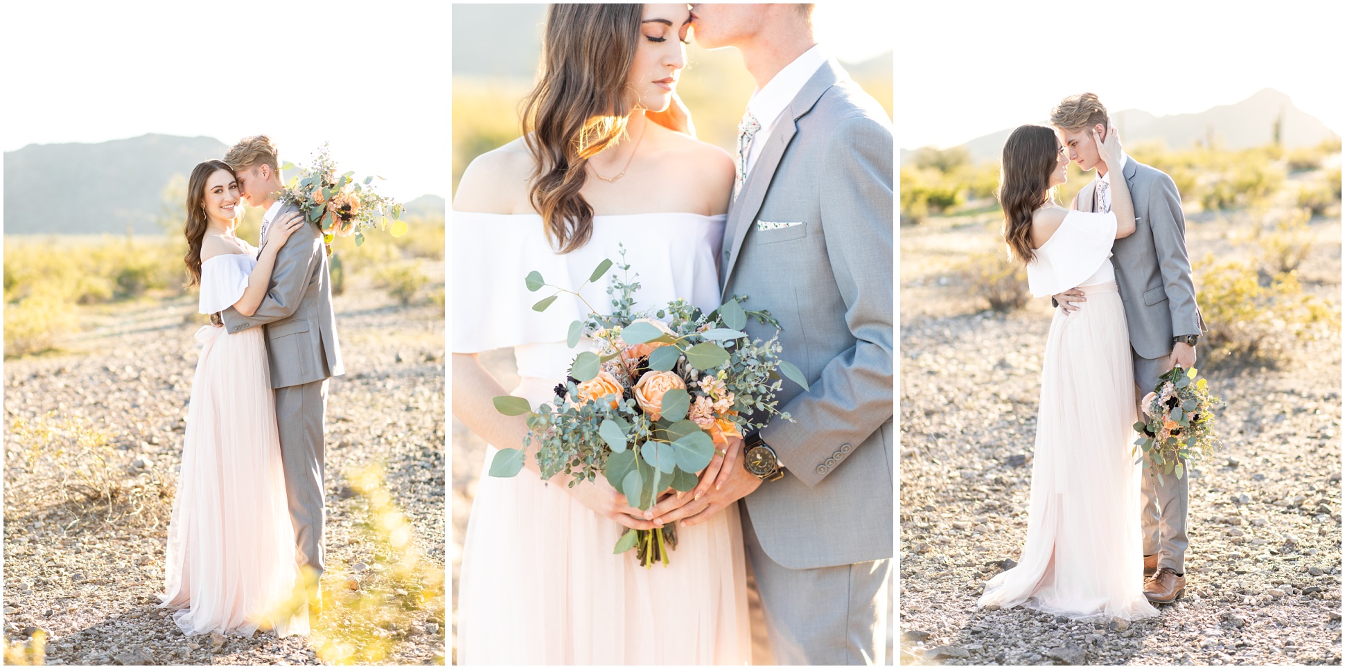Three images of the bride and groom at sunset during Estrella Mountain Regional Park Engagement Session