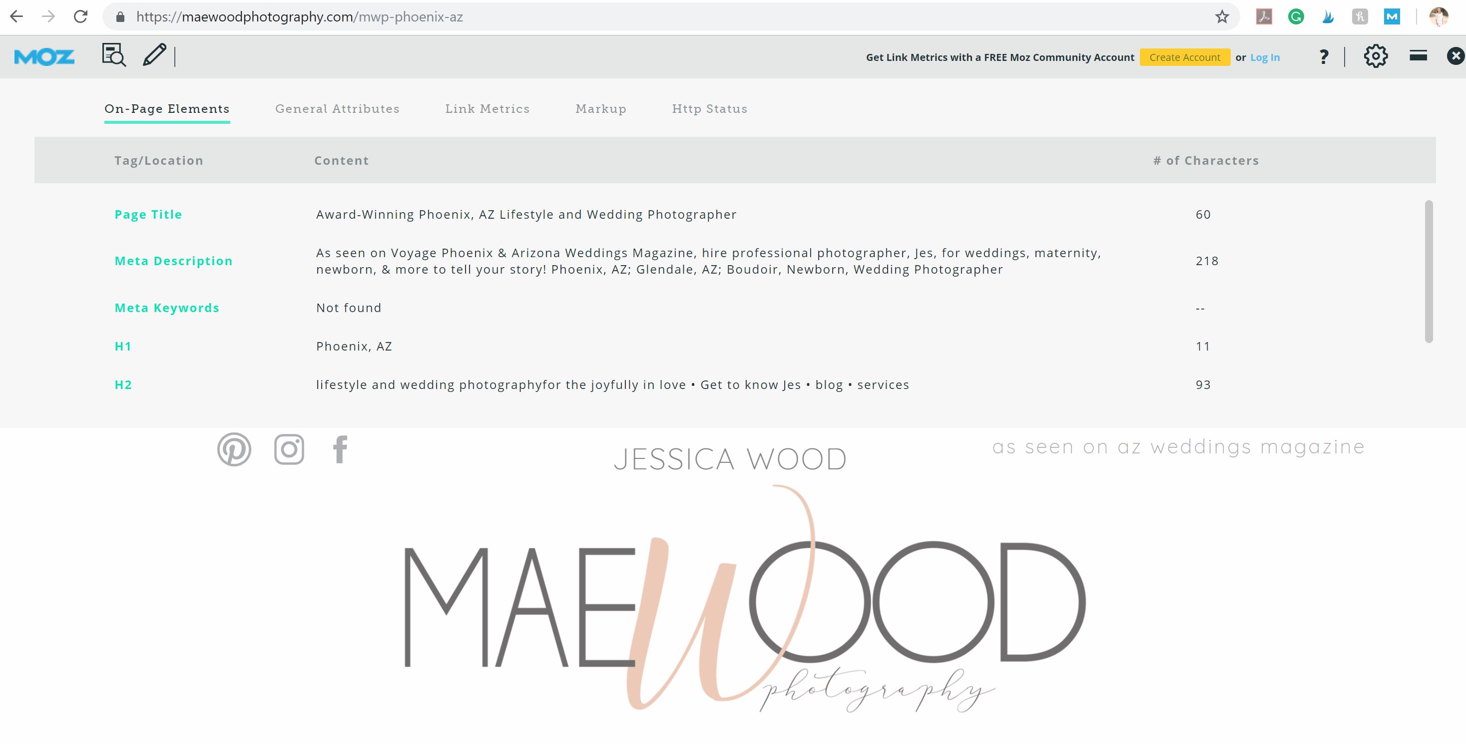 Screen Shot of Moz Toolbar on MaeWood Photography Site