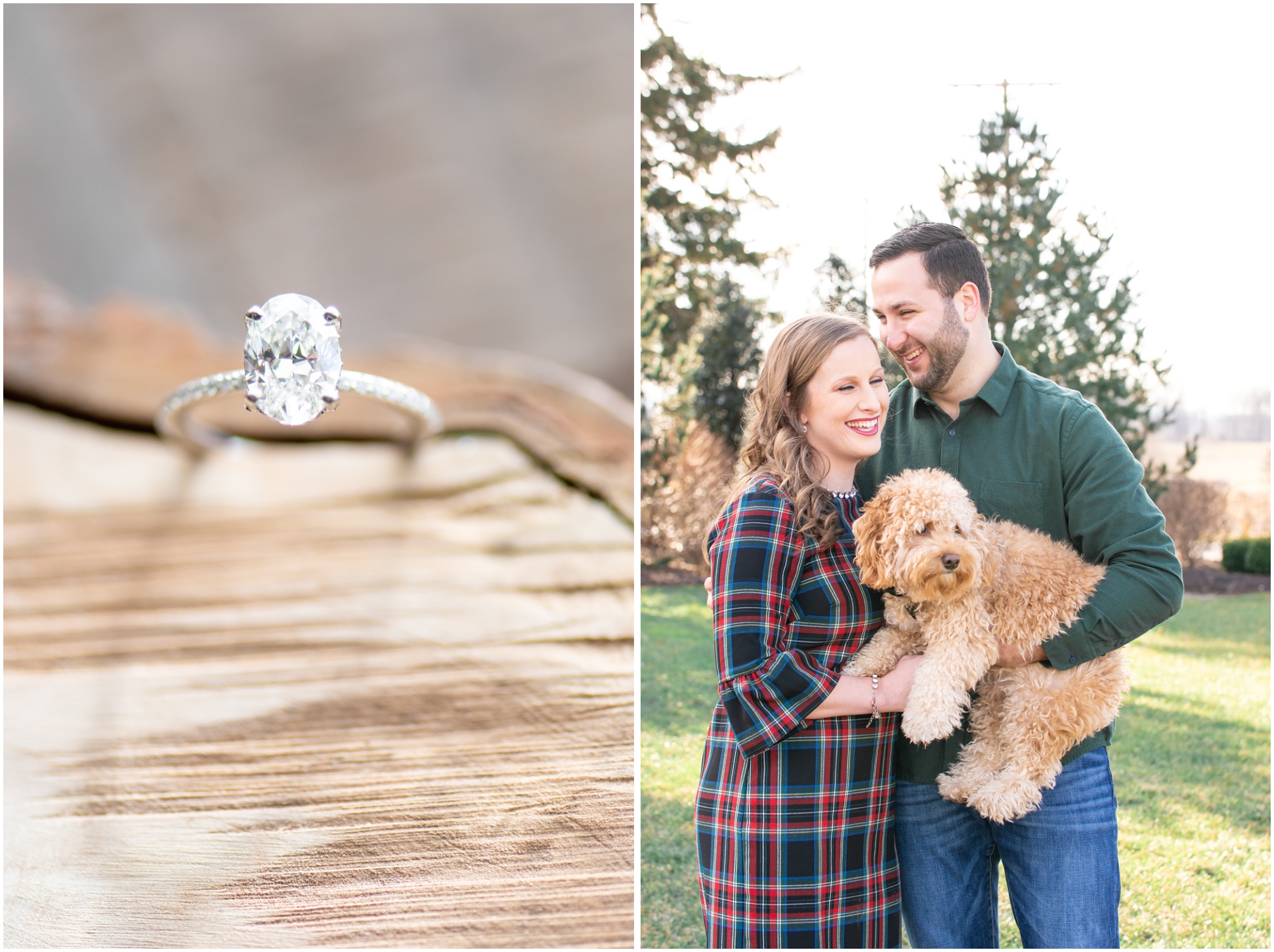 left image: ring, right image, engaged couple with their puppy