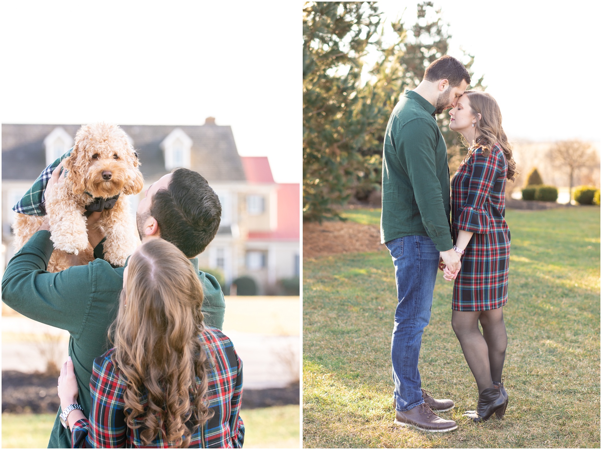 left image: husband and wife to be holding their puppy in the air, right image: bride and groom nose to nose