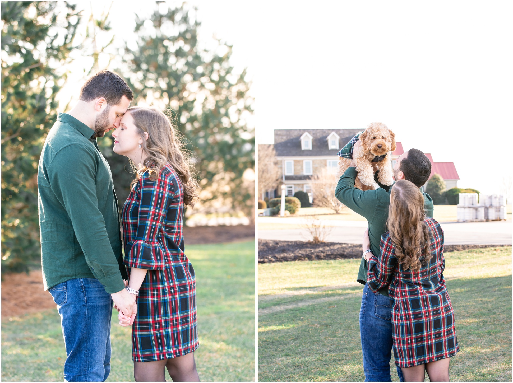 left image: engaged couple nose to nose, right image: engaged couple holding their puppy up in the air