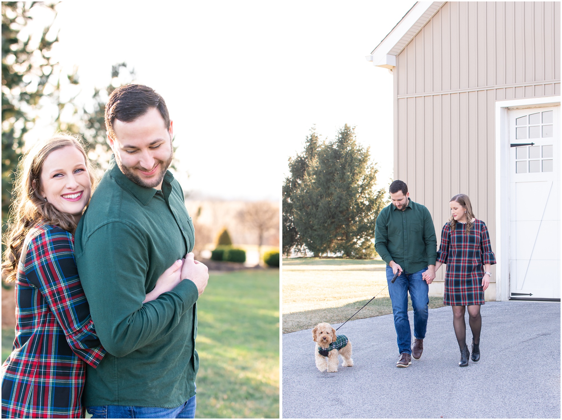 left image: bride holding onto groom from behind, right image: engaged couple walking their dog