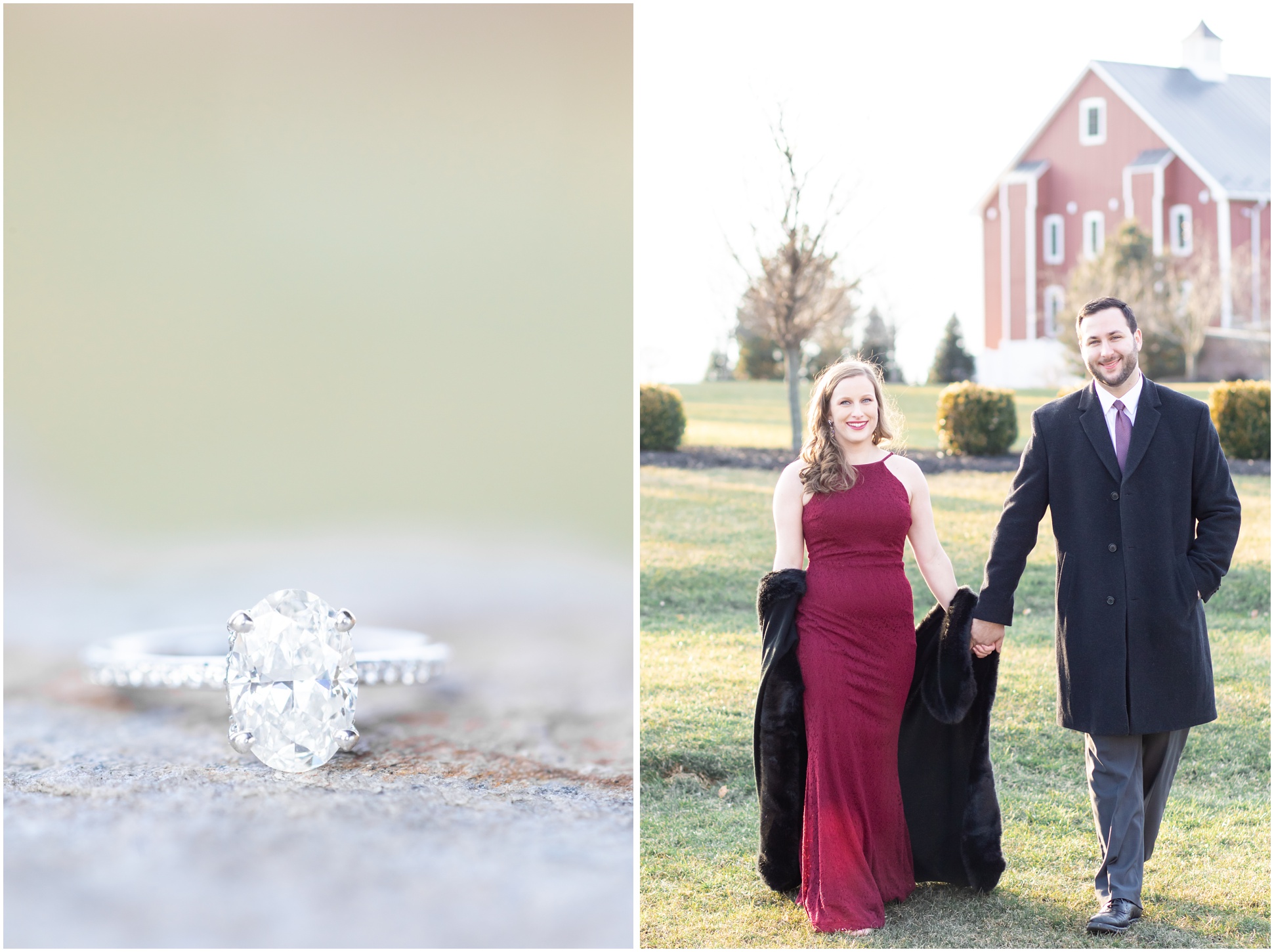 left image: ring, right image: bride in red lace dress holding her groom's hand