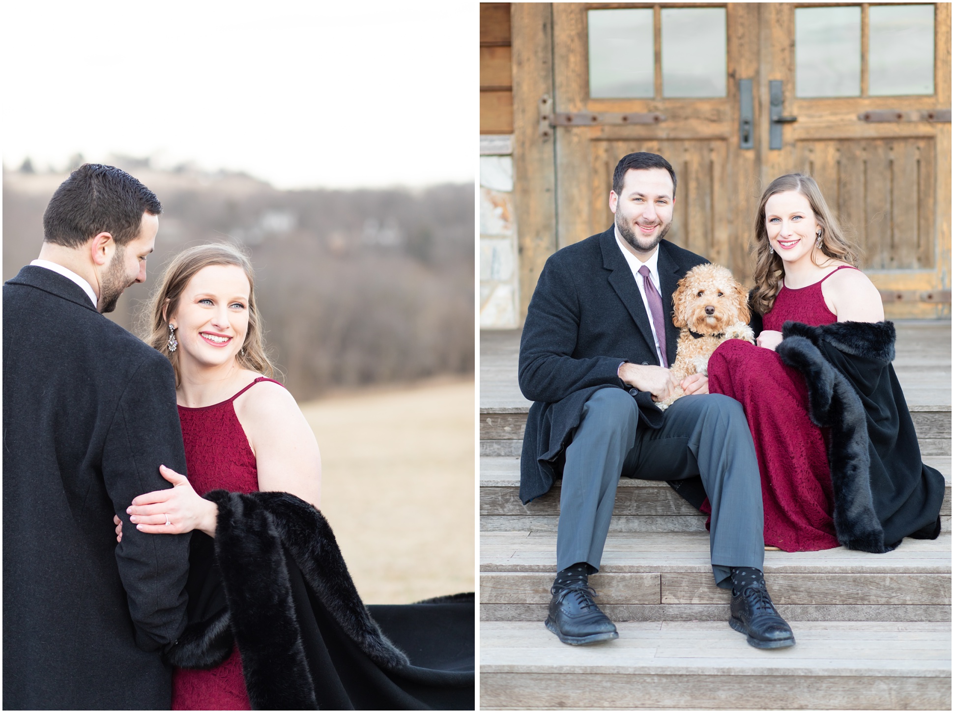 left image: engaged couple in the golden field, engaged couples with their puppy