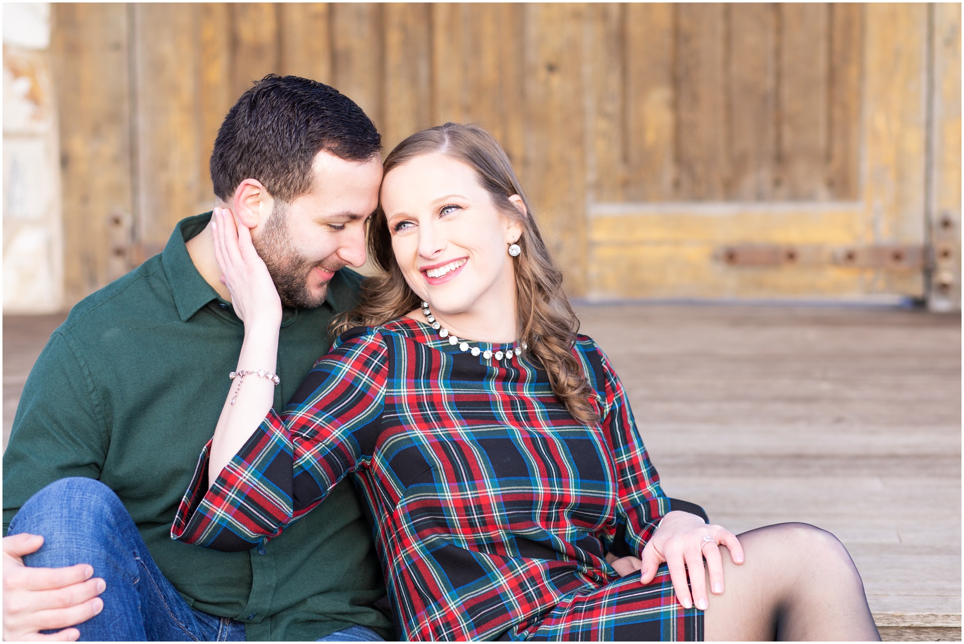 engagement session in green and red plaid