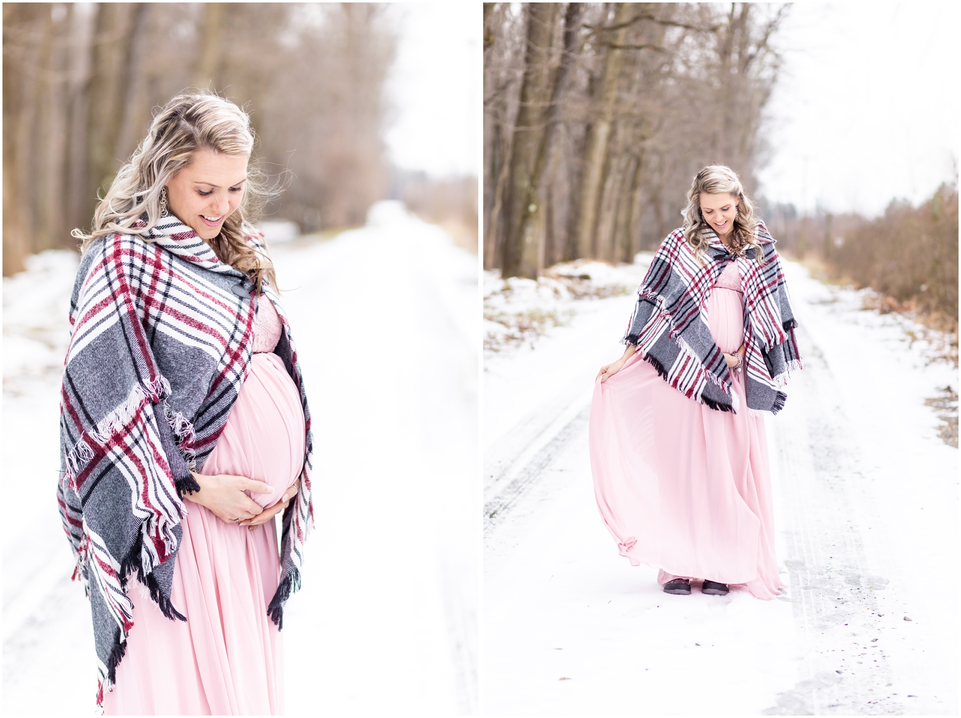 Two images of a pregnant woman on a snowy lane